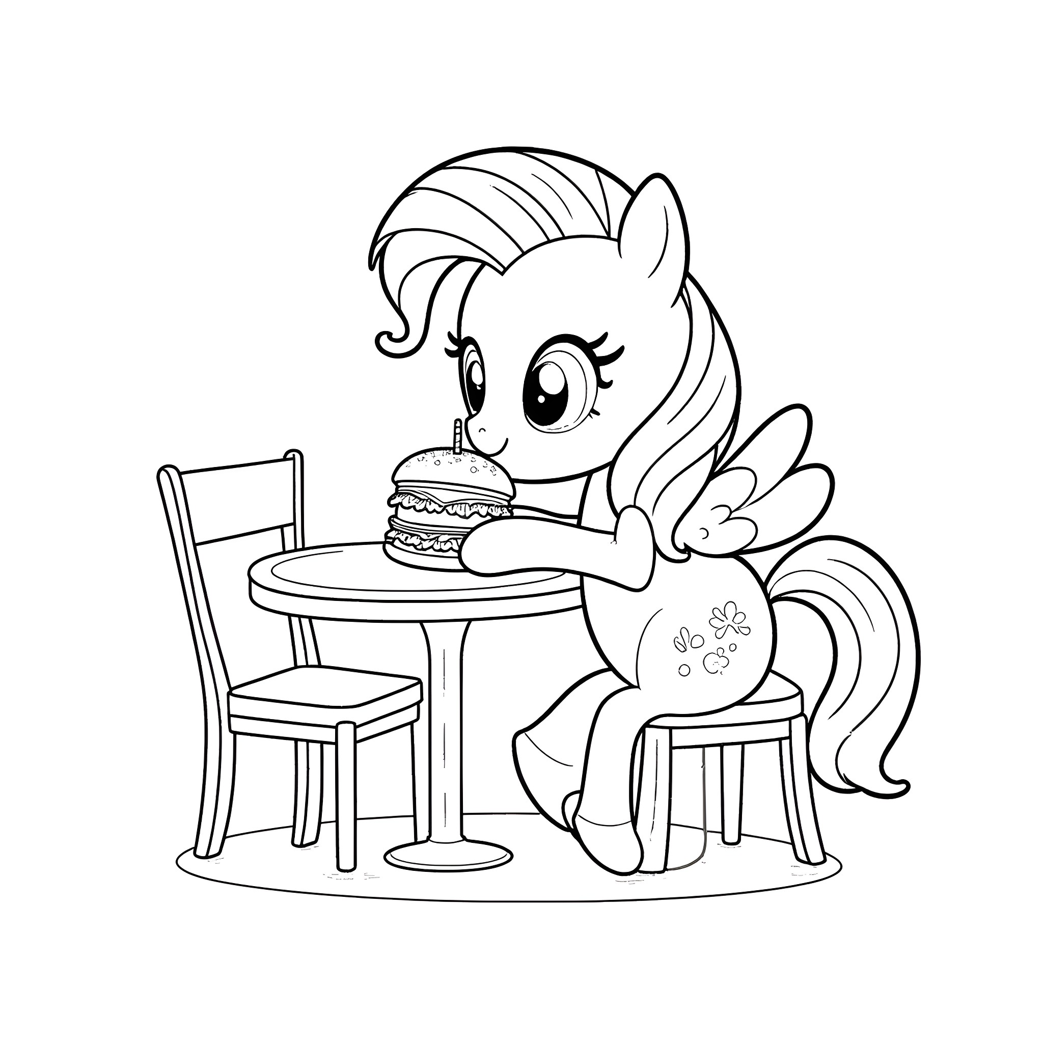 Twilight Sparkle enjoys a sweet treat at the table Coloring Page (free black-and-white line drawing printable PDF for all, from beginners to advanced learners, including children, teens, adults, and seniors)