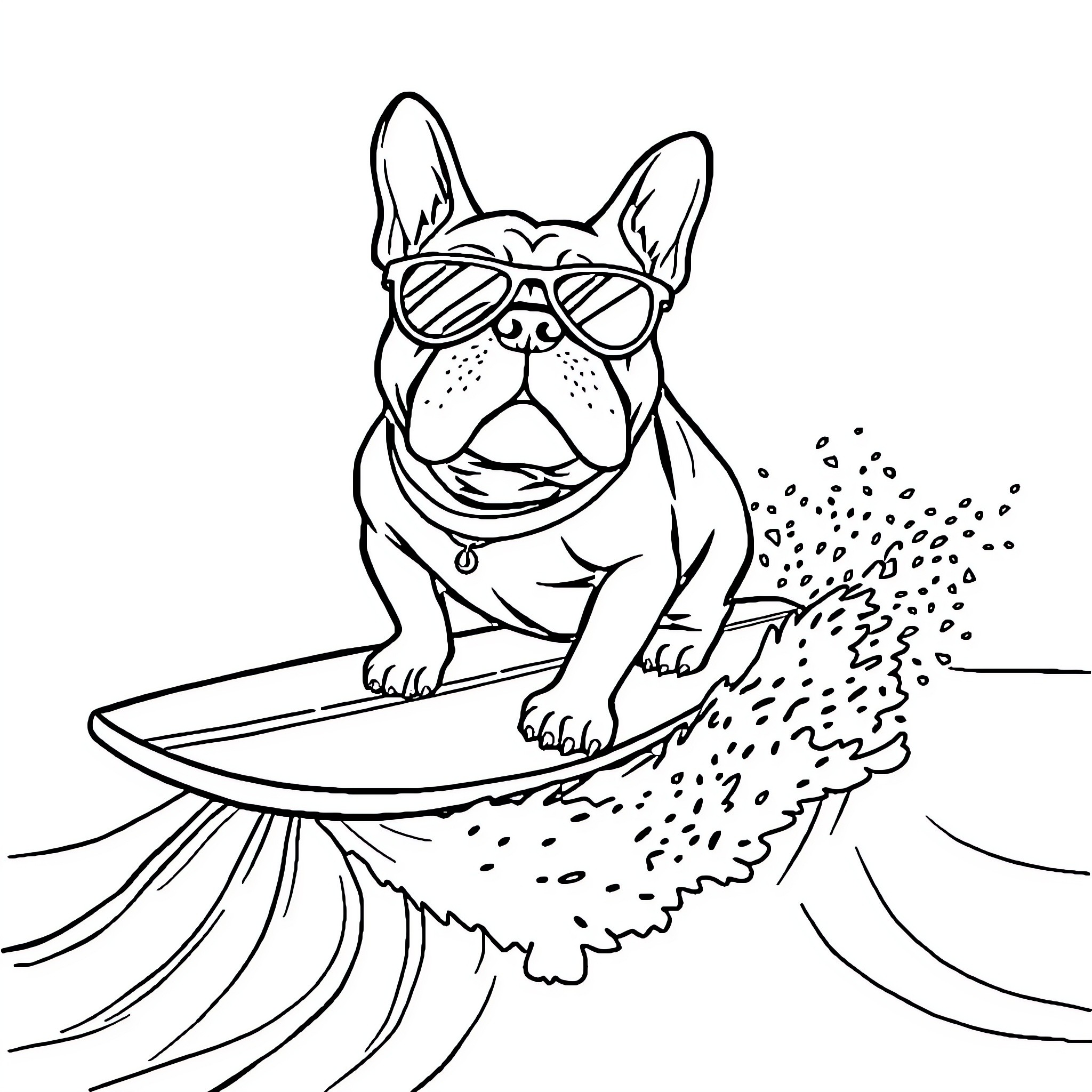 Bulldog surfing on a wave Coloring Page (free black-and-white line drawing printable PDF for all, from beginners to advanced learners, including children, teens, adults, and seniors)