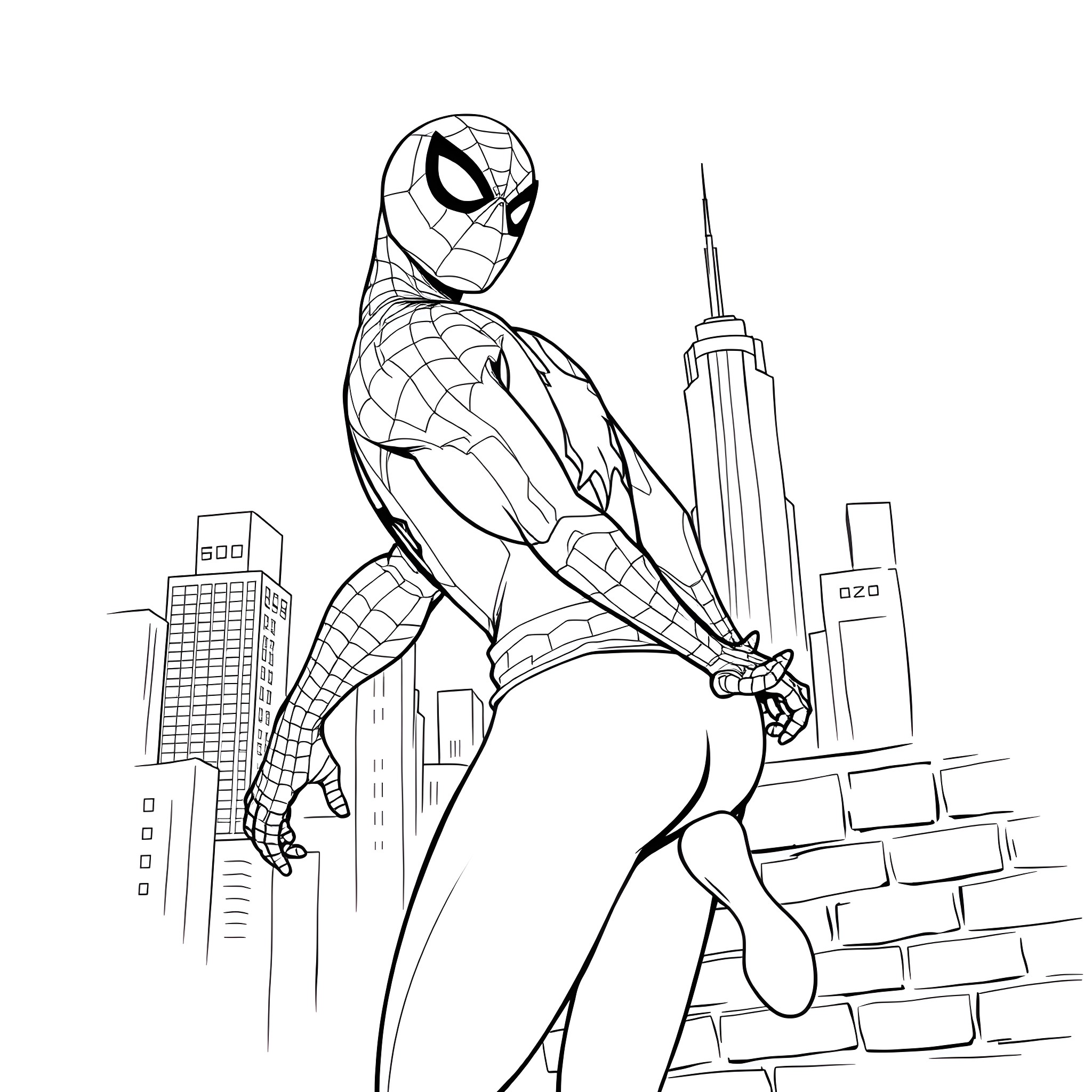 Spiderman swinging through the city skyline Coloring Page (free black-and-white line drawing printable PDF for all, from beginners to advanced learners, including children, teens, adults, and seniors)