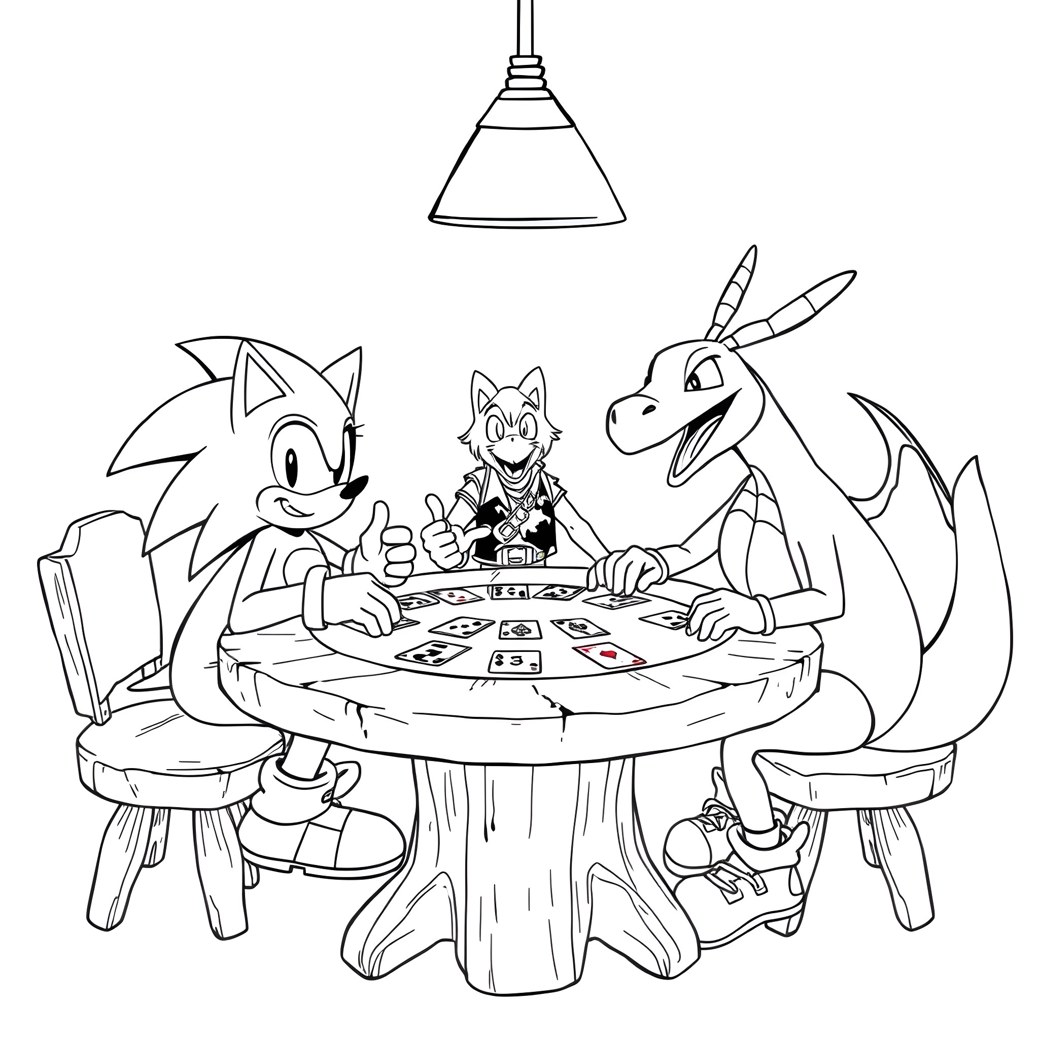 Sonic and friends playing a board game together Coloring Page (free black-and-white line drawing printable PDF for all, from beginners to advanced learners, including children, teens, adults, and seniors)