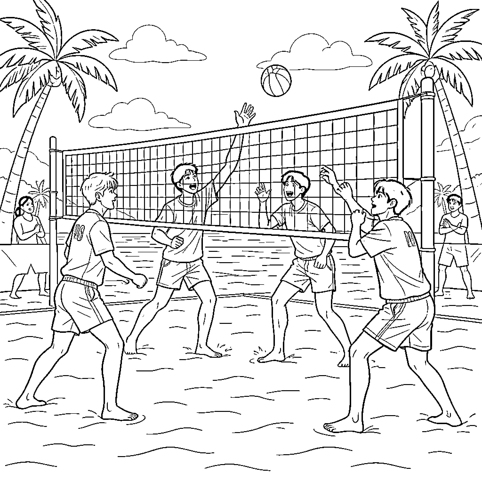 Kpop idols playing a lively game of beach volleyball Coloring Page (free black-and-white line drawing printable PDF for all, from beginners to advanced learners, including children, teens, adults, and seniors)