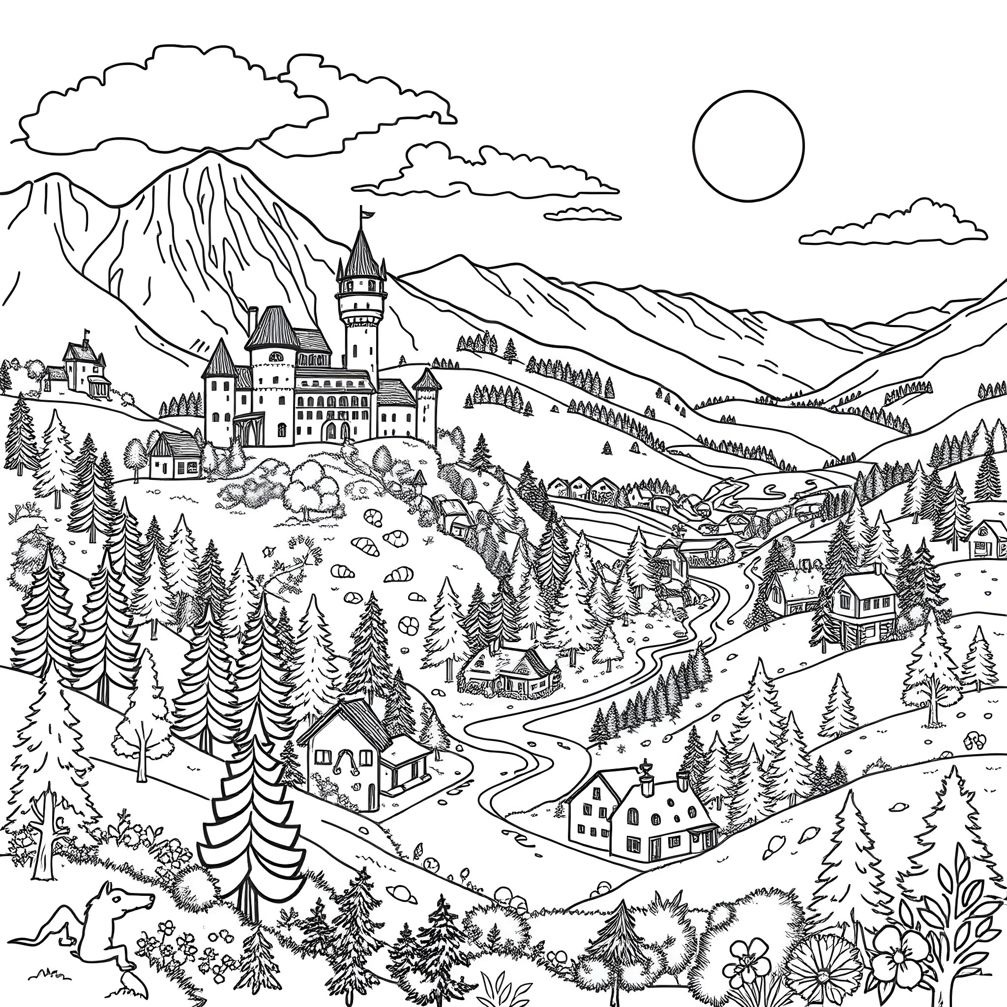 Fembavaria: Whimsical Mountain Landscape with Castle Coloring Page (free black-and-white line drawing printable PDF for all, from beginners to advanced learners, including children, teens, adults, and seniors)
