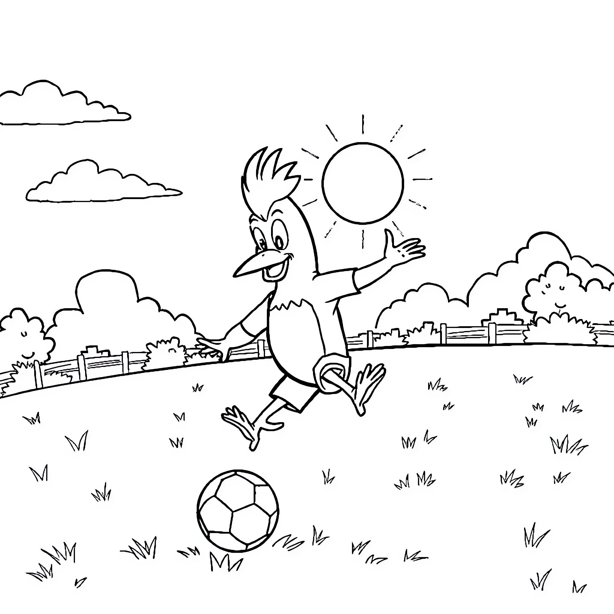 Condorito playing soccer in a sunny outdoor scene Coloring Page (free black-and-white line drawing printable PDF for all, from beginners to advanced learners, including children, teens, adults, and seniors)