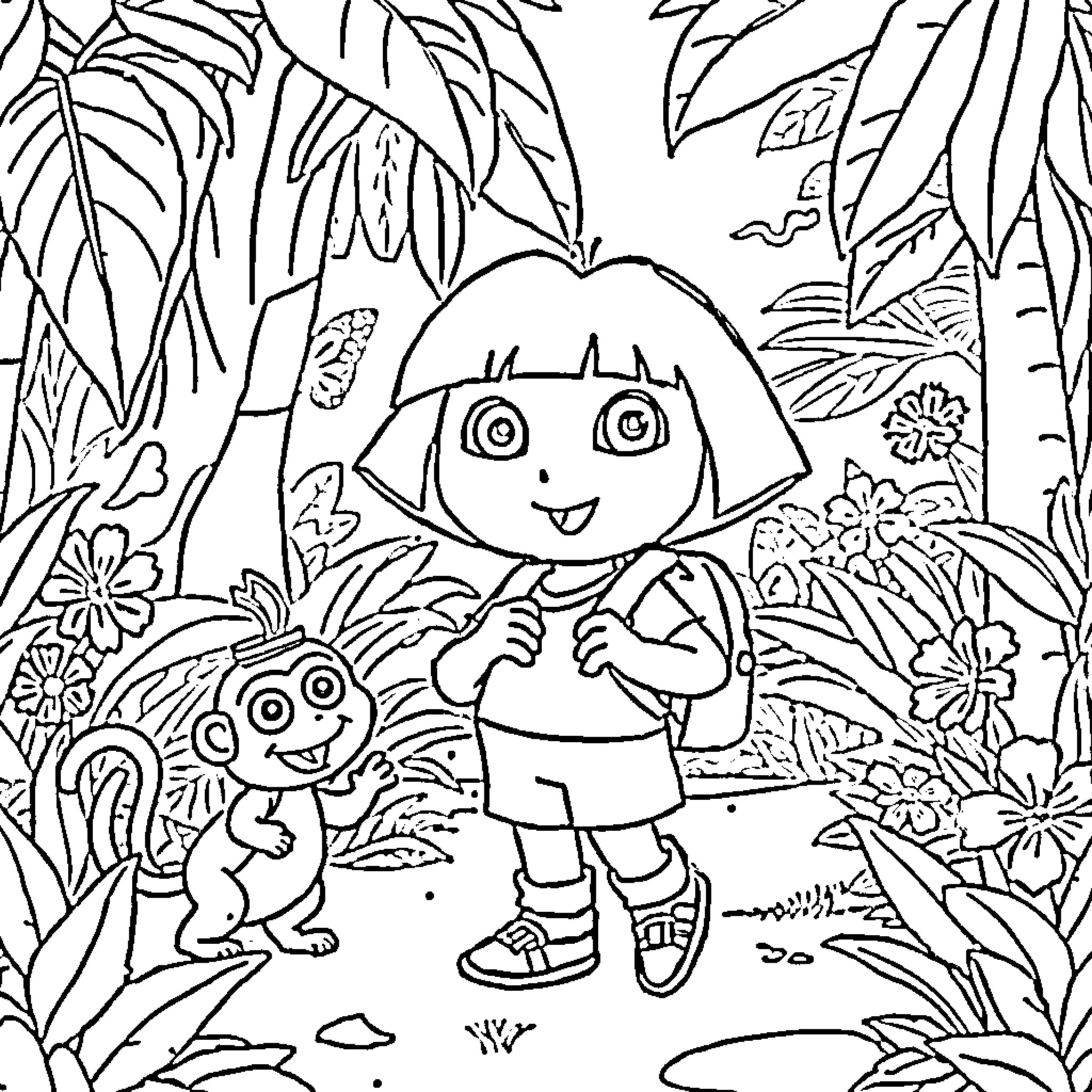 Dora exploring the jungle with her friend Coloring Page (free black-and-white line drawing printable PDF for all, from beginners to advanced learners, including children, teens, adults, and seniors)