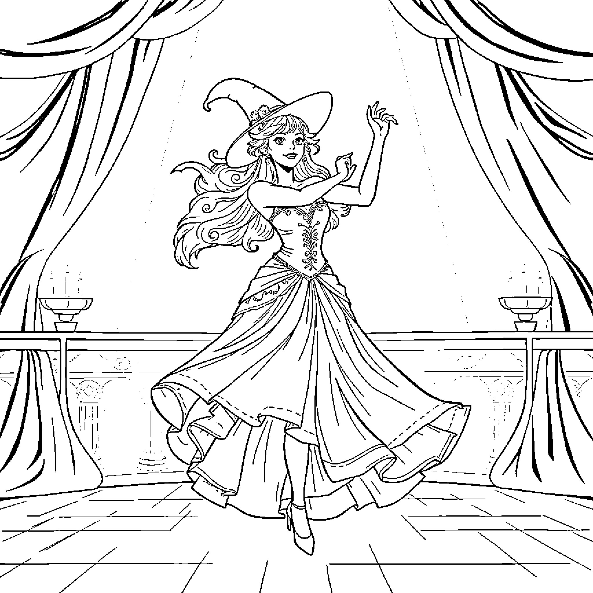 Merlina's Enchanting Dance Performance Coloring Page (free black-and-white line drawing printable PDF for all, from beginners to advanced learners, including children, teens, adults, and seniors)