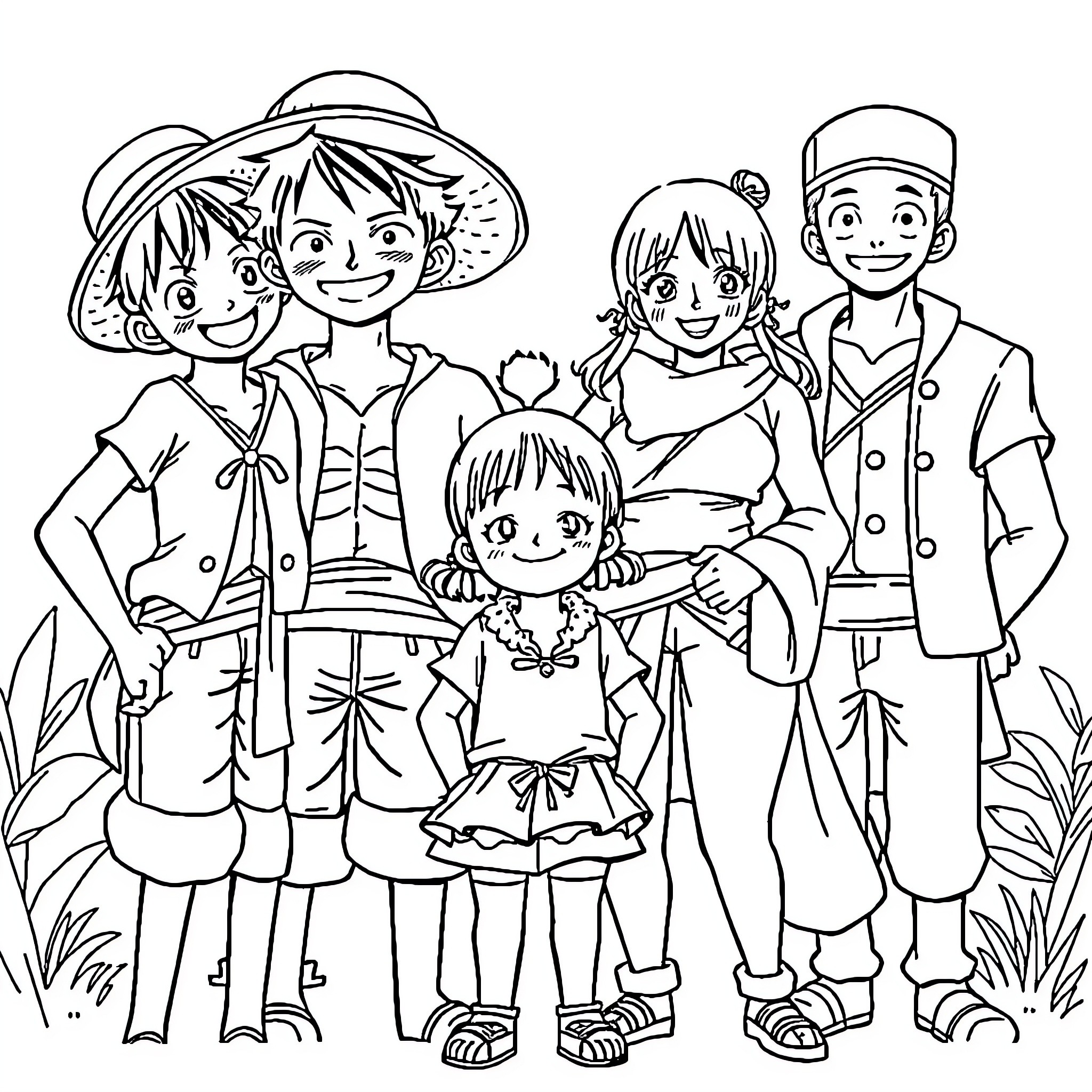 Luffy and friends on an adventure Coloring Page (free black-and-white line drawing printable PDF for all, from beginners to advanced learners, including children, teens, adults, and seniors)