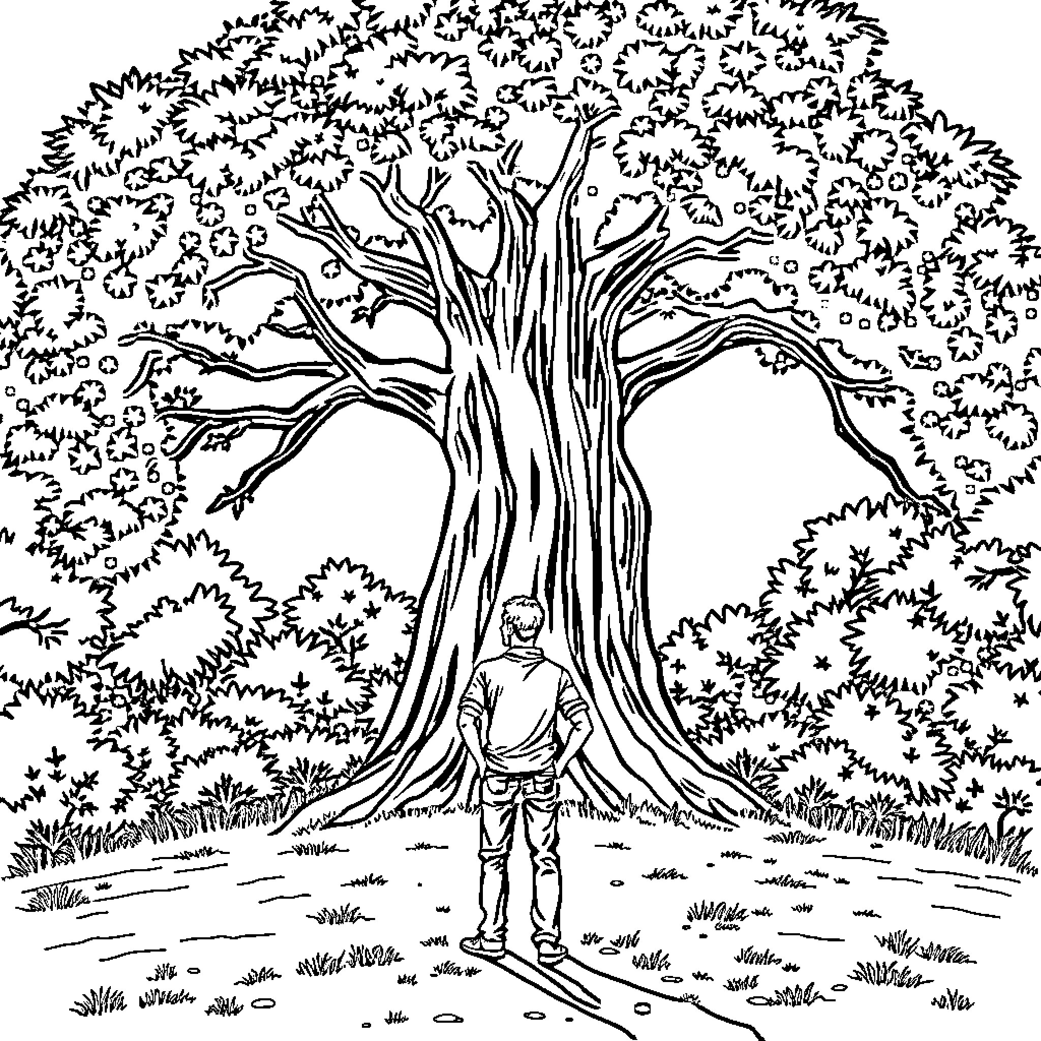 Man admiring the majestic tree in the forest Coloring Page (free black-and-white line drawing printable PDF for all, from beginners to advanced learners, including children, teens, adults, and seniors)