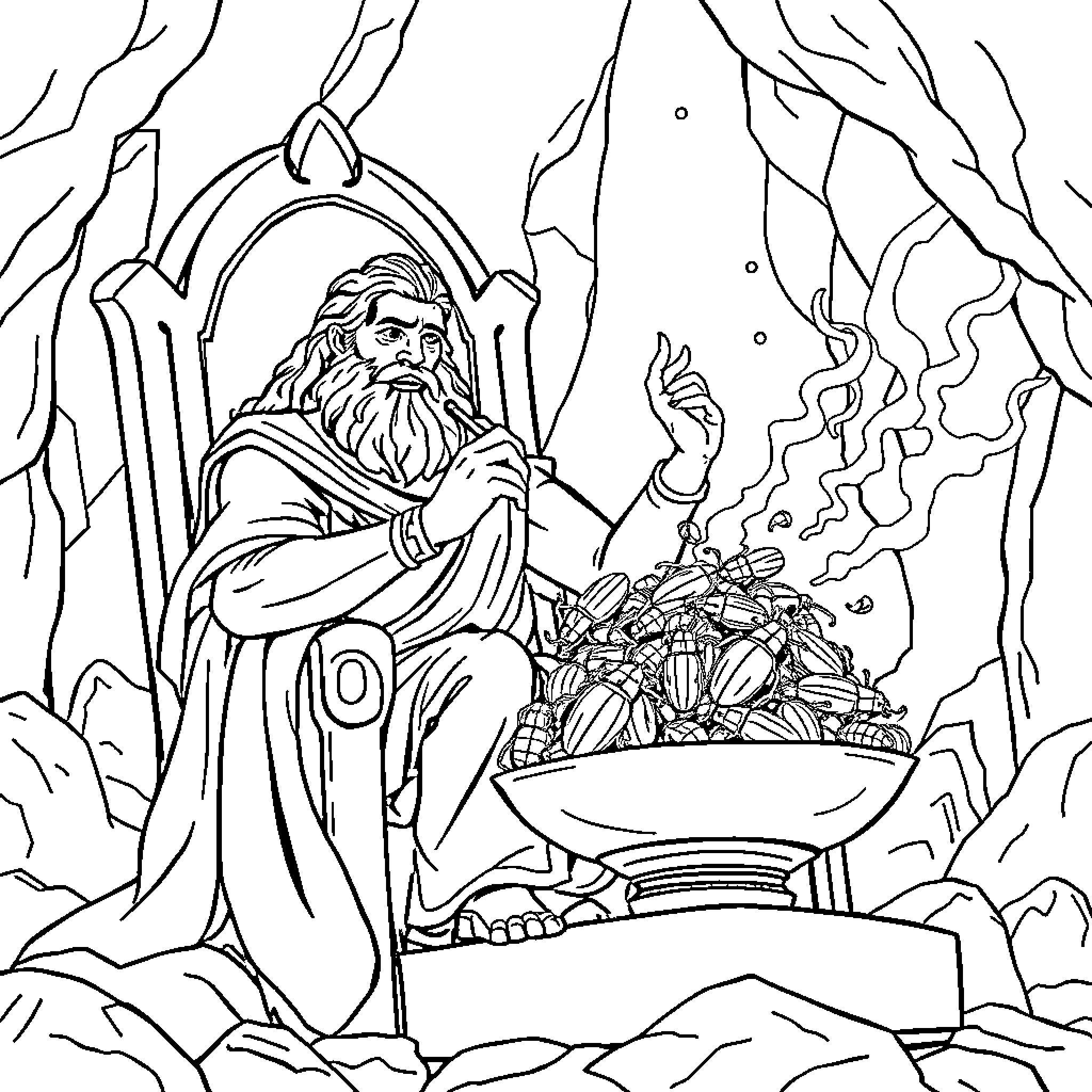 Zeus Commanding the Elements from His Throne Coloring Page (free black-and-white line drawing printable PDF for all, from beginners to advanced learners, including children, teens, adults, and seniors)