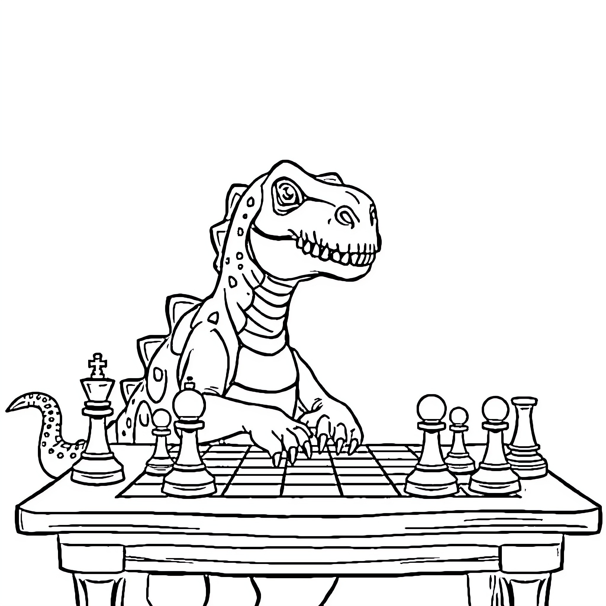 Dinosaur playing chess on a chessboard Coloring Page (free black-and-white line drawing printable PDF for all, from beginners to advanced learners, including children, teens, adults, and seniors)