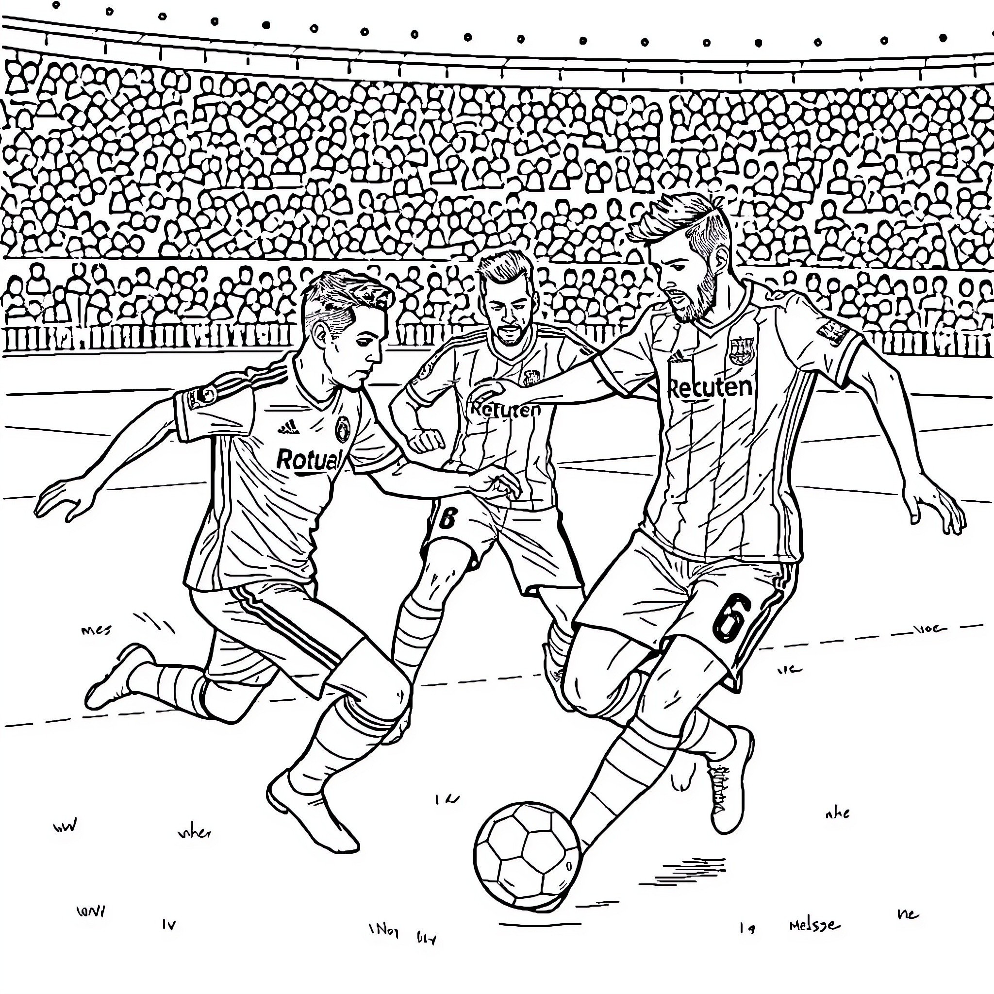 Soccer Players Engaged in Intense Match on the Field Coloring Page (free black-and-white line drawing printable PDF for all, from beginners to advanced learners, including children, teens, adults, and seniors)