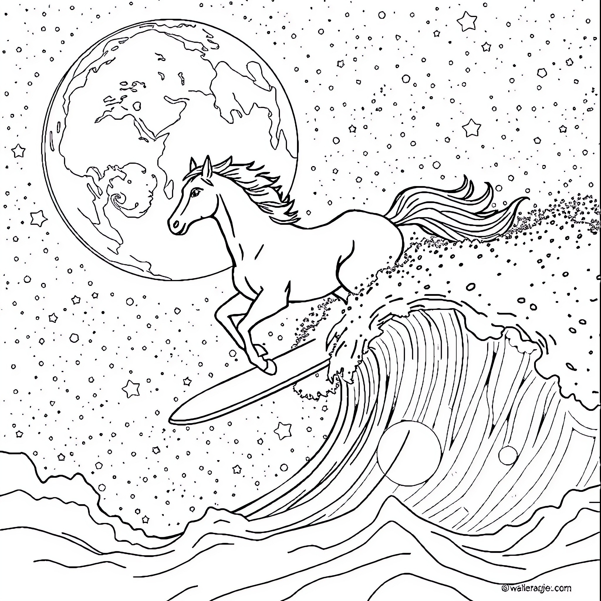 Horse surfing on waves under the moonlight Coloring Page (free black-and-white line drawing printable PDF for all, from beginners to advanced learners, including children, teens, adults, and seniors)