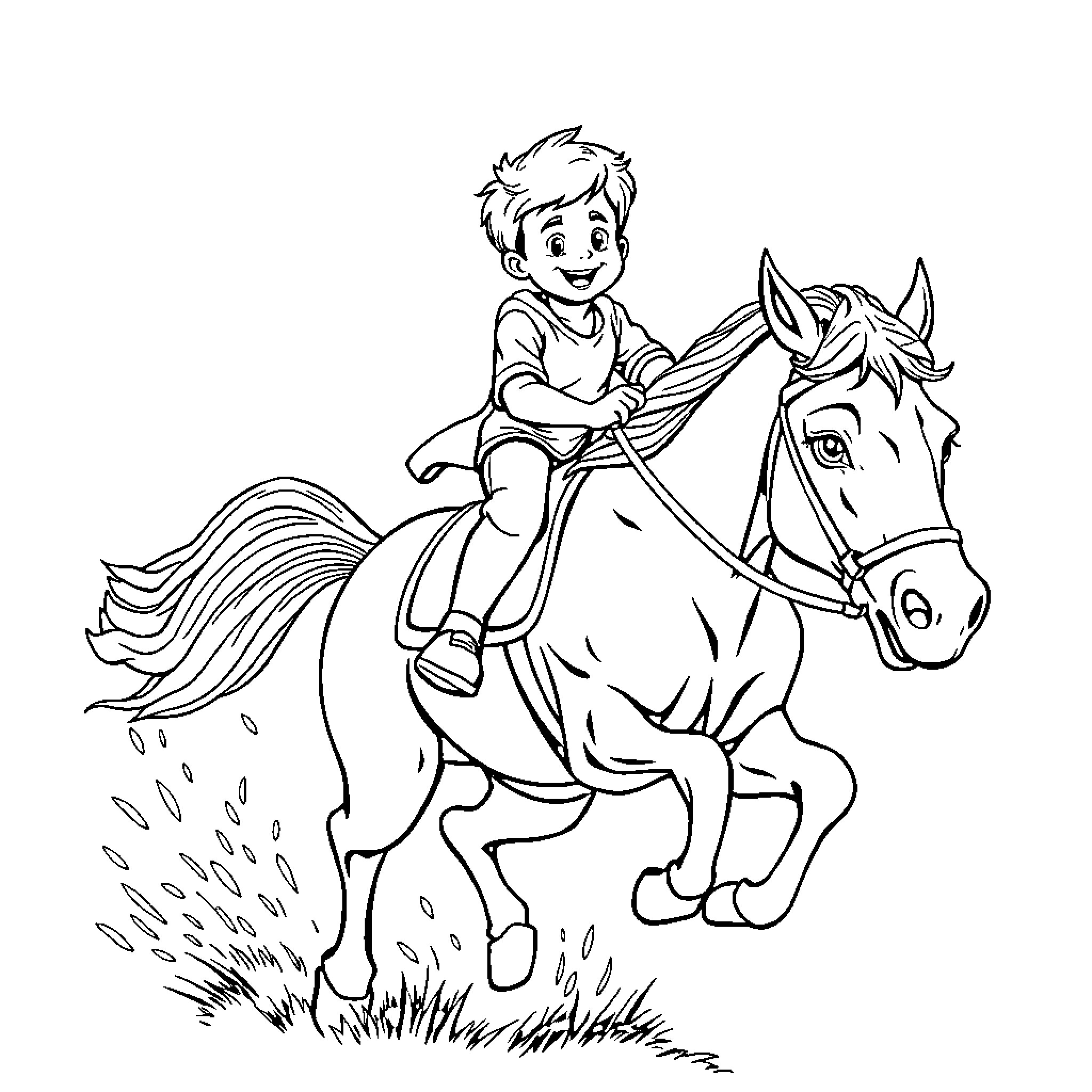 Child riding happily on horseback in the countryside Coloring Page (free black-and-white line drawing printable PDF for all, from beginners to advanced learners, including children, teens, adults, and seniors)