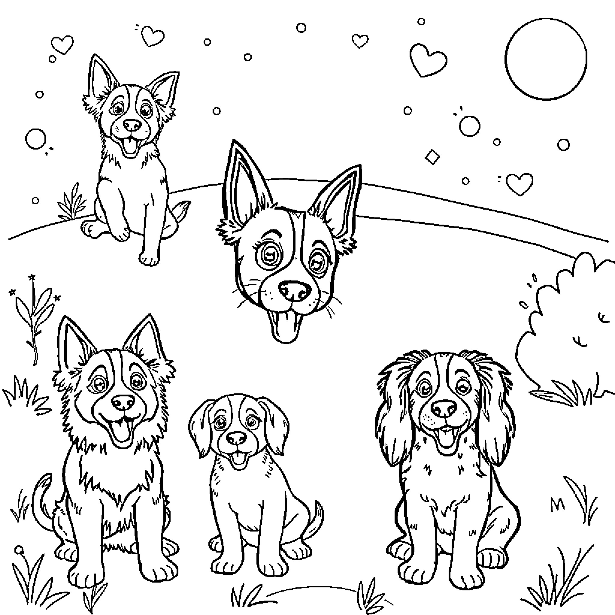 Paw Patrol Puppies Enjoying Outdoor Adventure Coloring Page (free black-and-white line drawing printable PDF for all, from beginners to advanced learners, including children, teens, adults, and seniors)