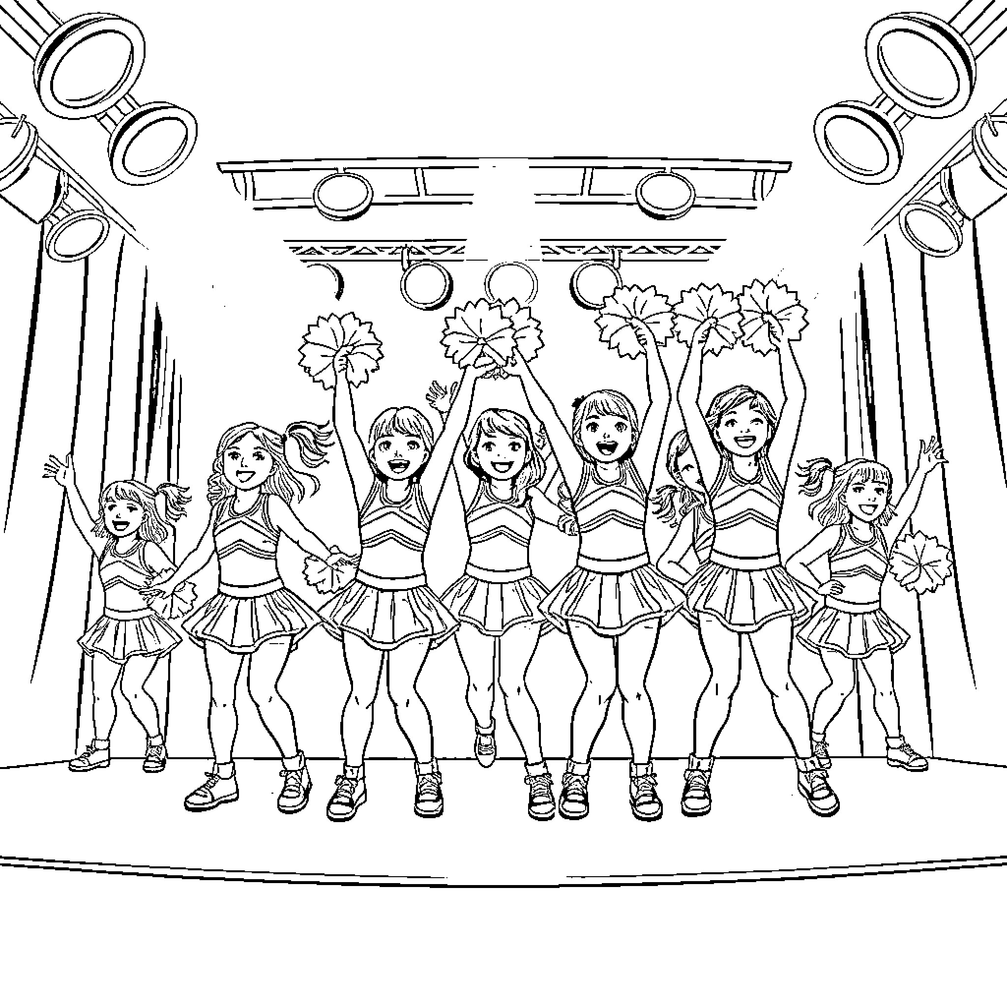 Cheerleaders performing on stage with pom-poms Coloring Page (free black-and-white line drawing printable PDF for all, from beginners to advanced learners, including children, teens, adults, and seniors)
