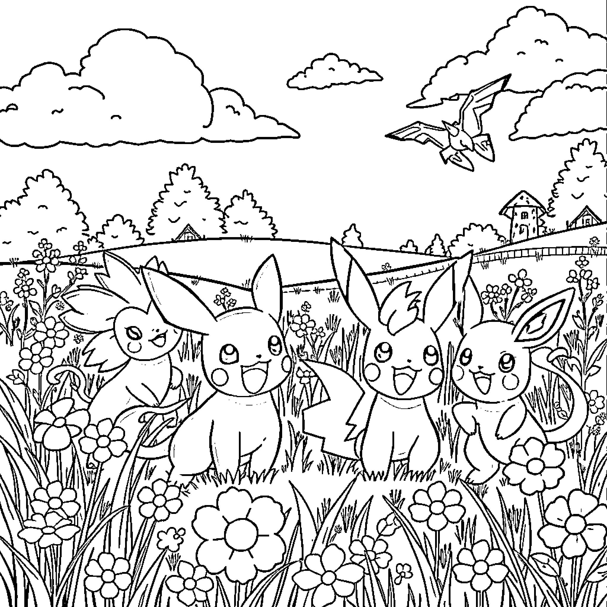 Pokémon characters enjoying the outdoor scene Coloring Page (free black-and-white line drawing printable PDF for all, from beginners to advanced learners, including children, teens, adults, and seniors)