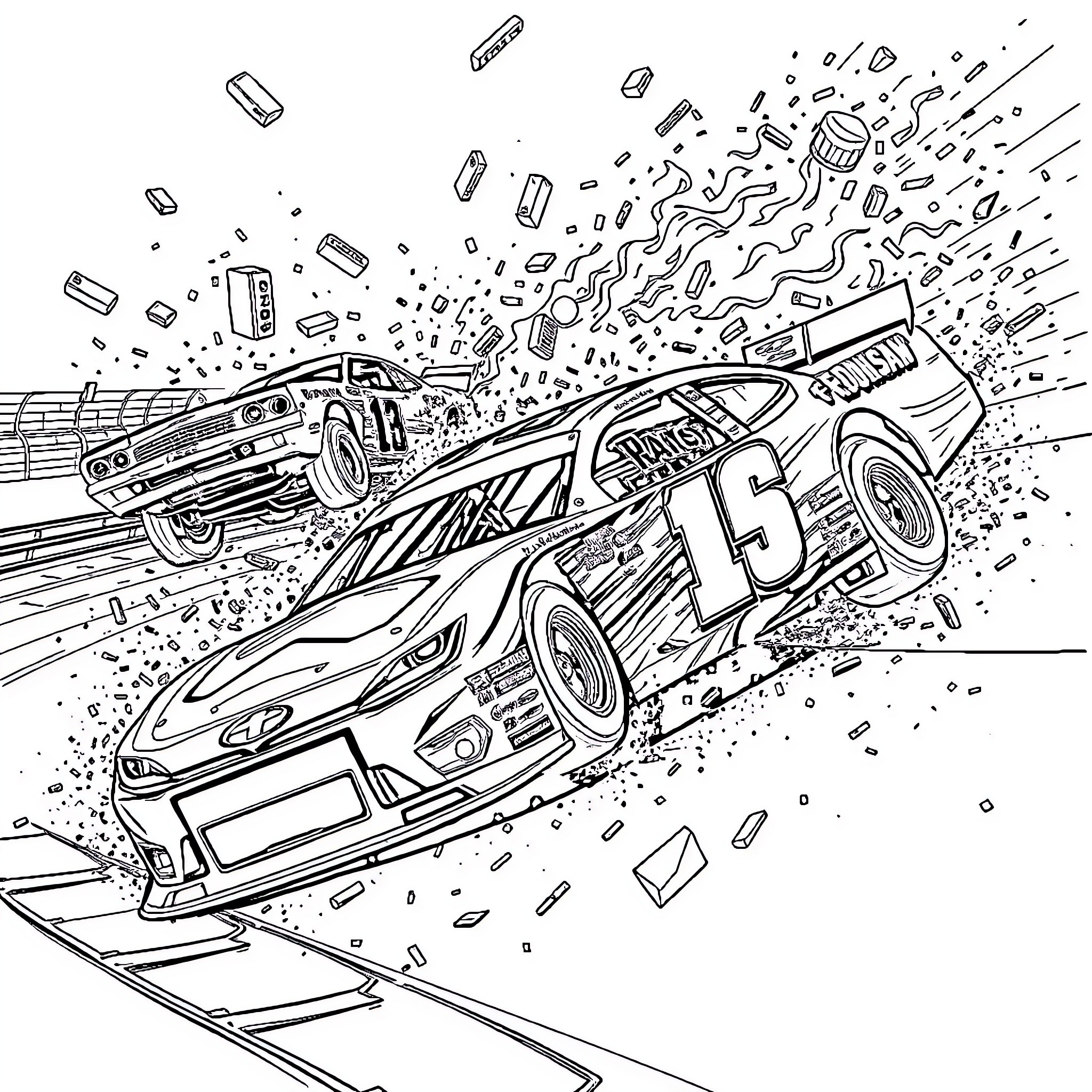 Nascar race car speeding down the track Coloring Page (free black-and-white line drawing printable PDF for all, from beginners to advanced learners, including children, teens, adults, and seniors)
