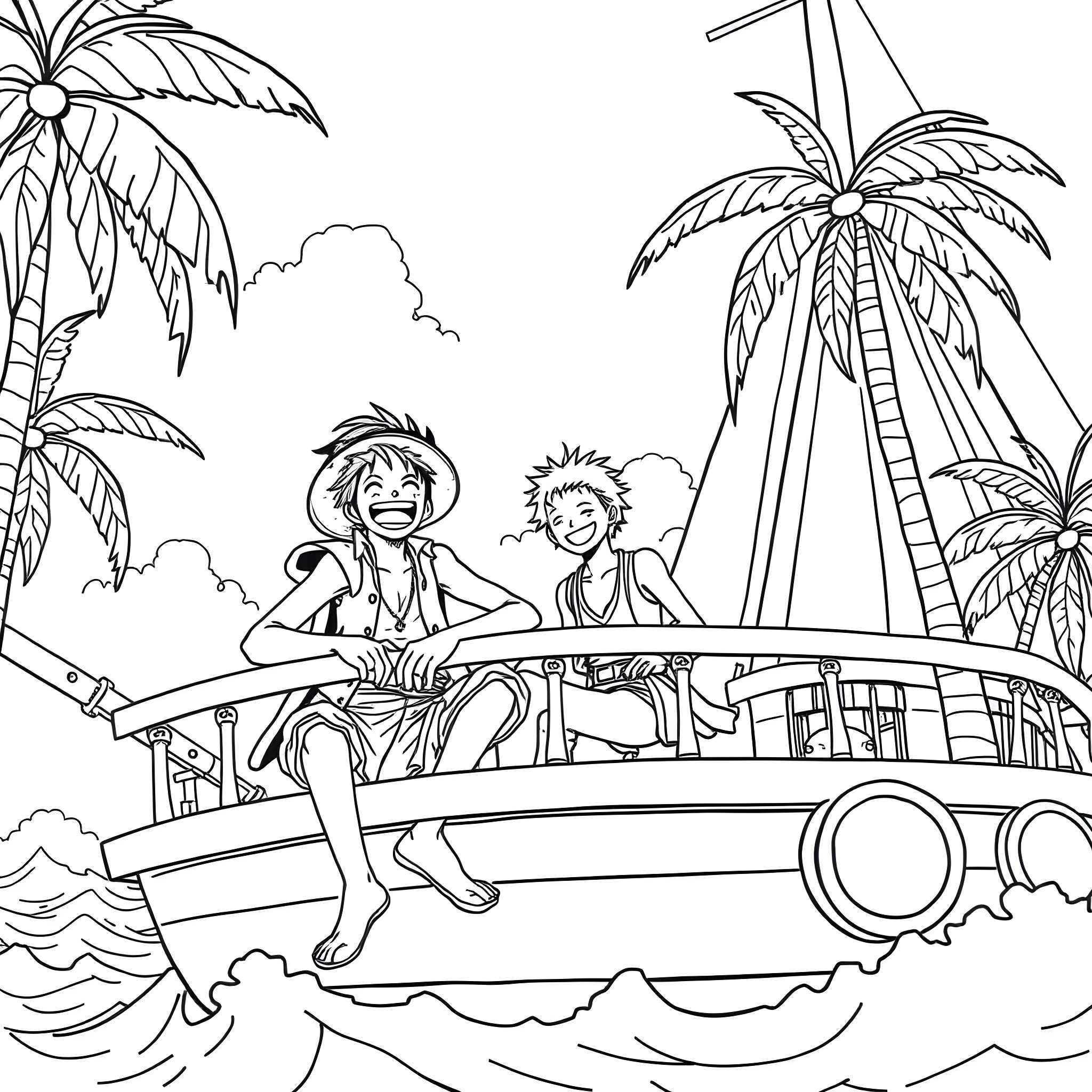Luffy and Usopp relaxing on a boat in a tropical paradise Coloring Page (free black-and-white line drawing printable PDF for all, from beginners to advanced learners, including children, teens, adults, and seniors)