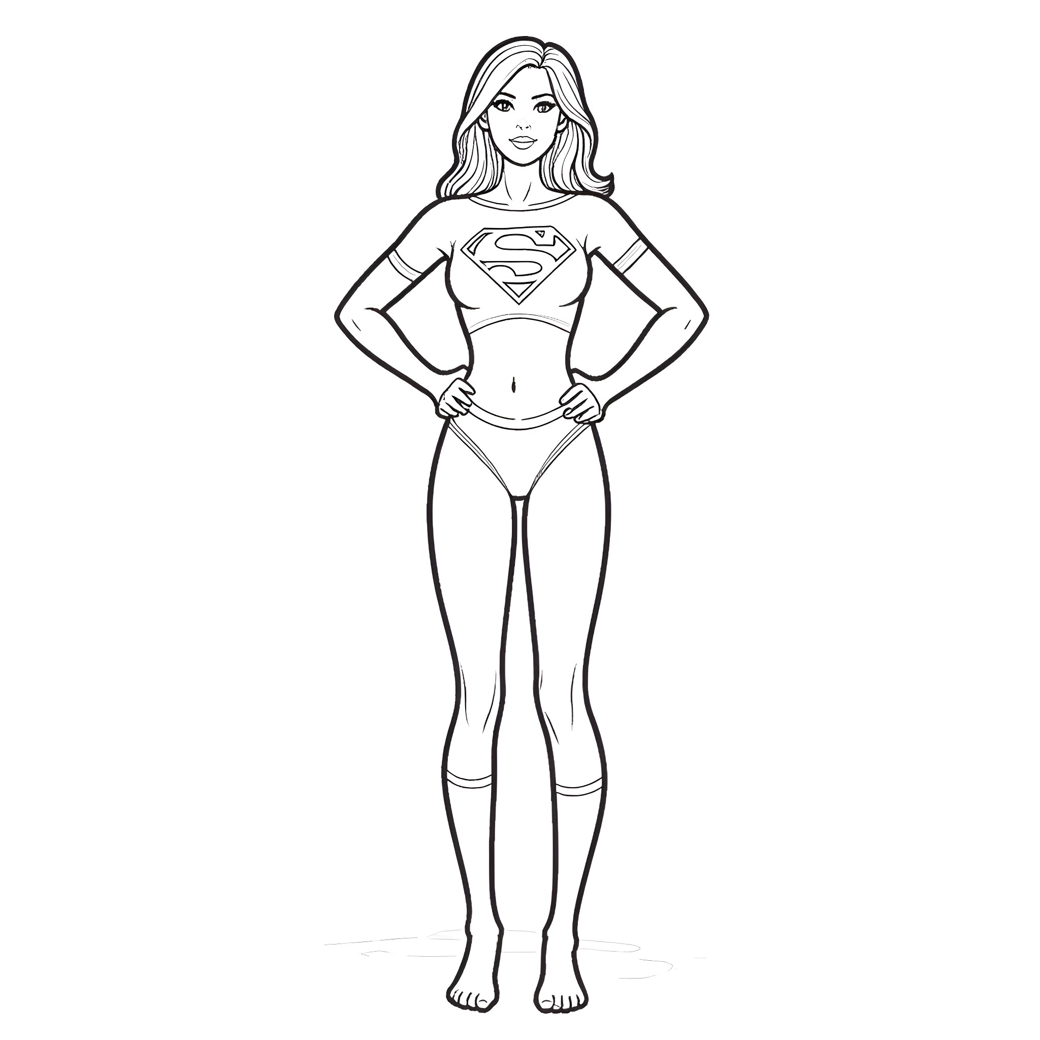 Supergirl in heroic stance with signature costume Coloring Page (free black-and-white line drawing printable PDF for all, from beginners to advanced learners, including children, teens, adults, and seniors)