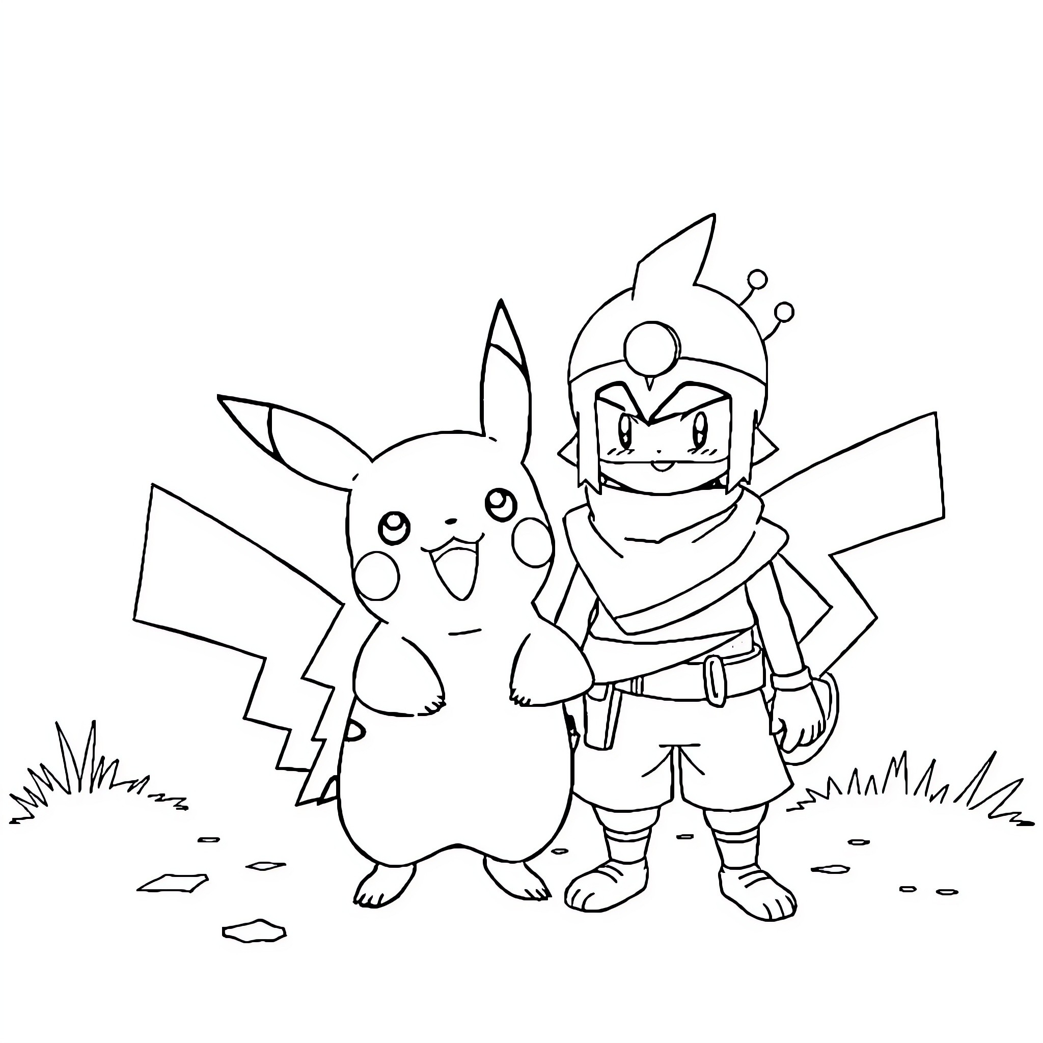Pikachu and Trainer in Adventure Coloring Page (free black-and-white line drawing printable PDF for all, from beginners to advanced learners, including children, teens, adults, and seniors)