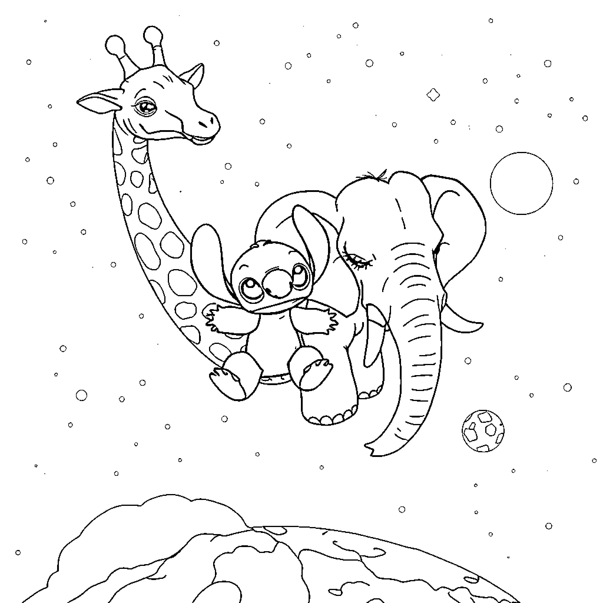 Stitch playing with animal friends in snowy landscape Coloring Page (free black-and-white line drawing printable PDF for all, from beginners to advanced learners, including children, teens, adults, and seniors)