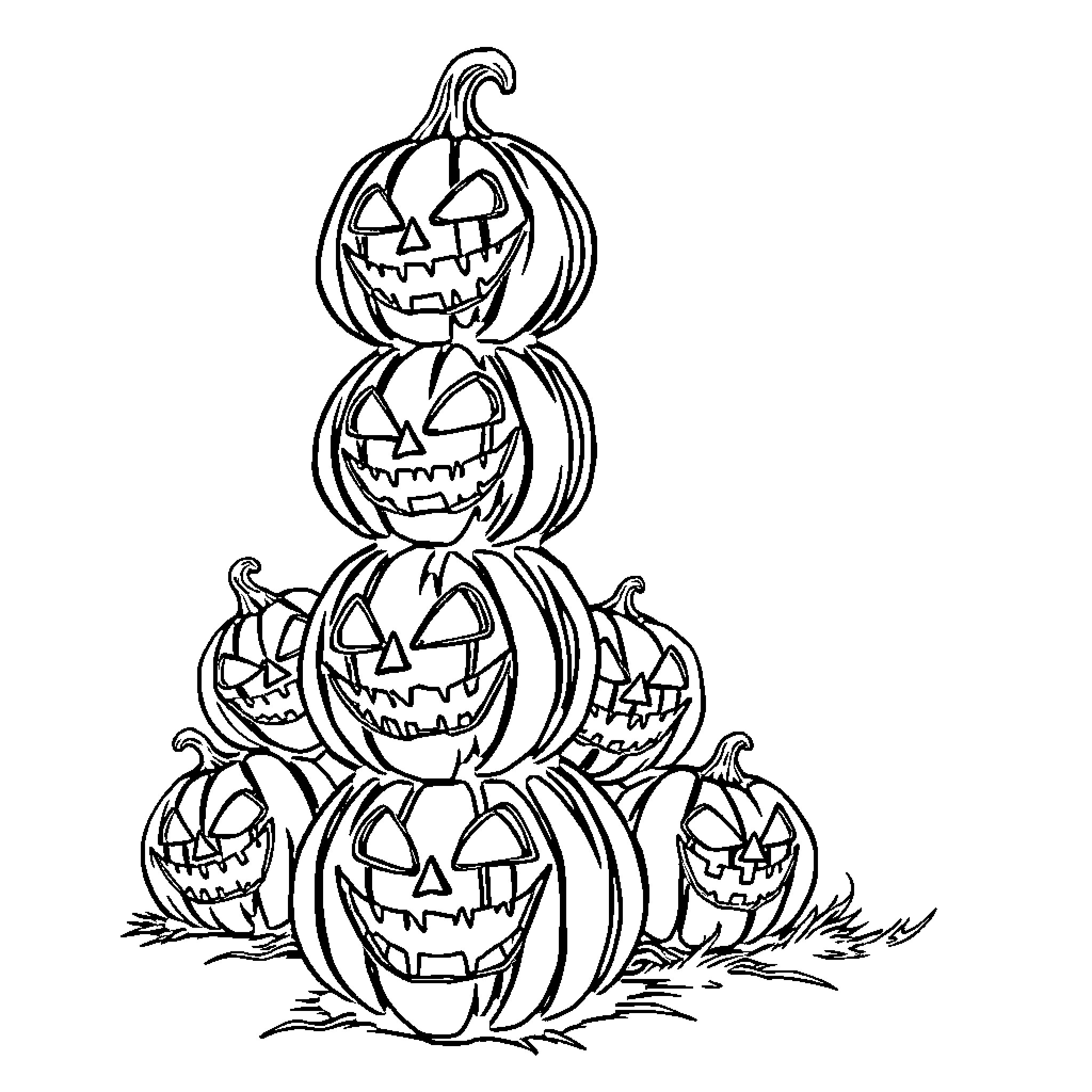 Jack-o'-lanterns stacked in a spooky display Coloring Page (free black-and-white line drawing printable PDF for all, from beginners to advanced learners, including children, teens, adults, and seniors)