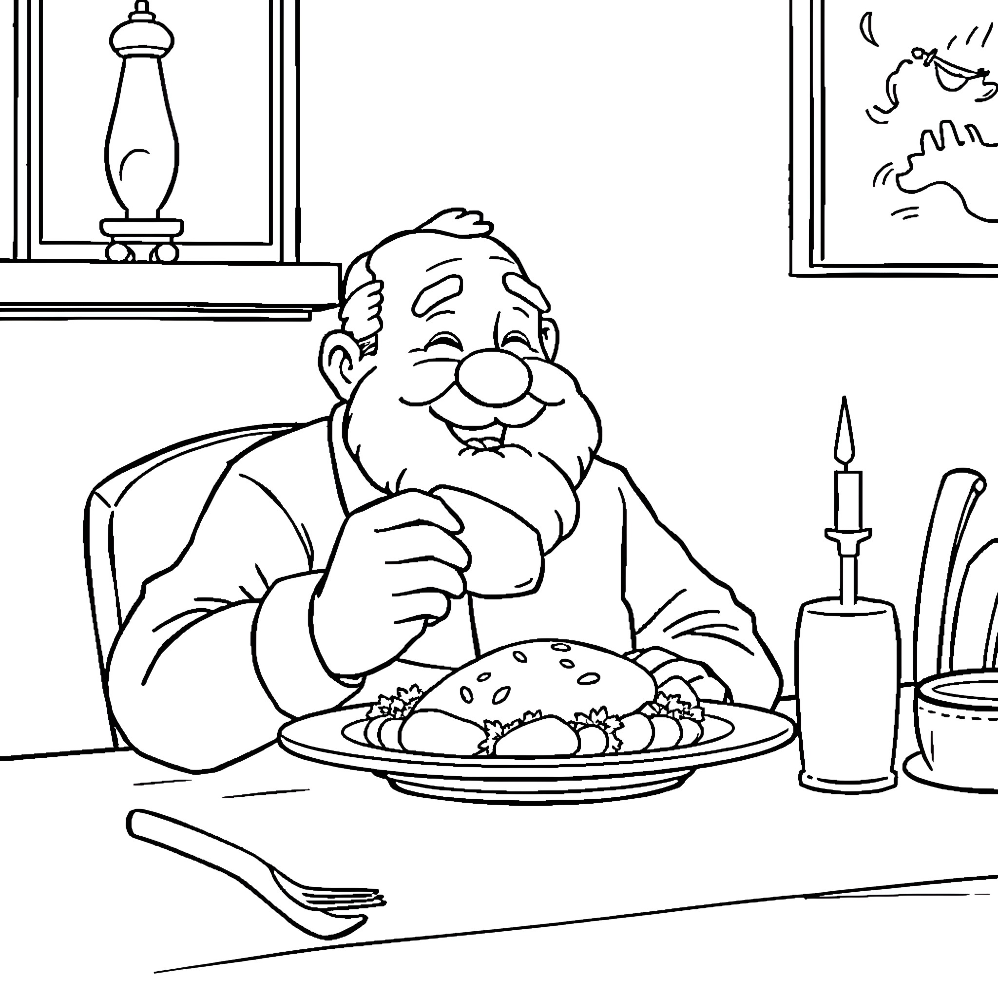 Papa enjoying a hearty meal in cozy home Coloring Page (free black-and-white line drawing printable PDF for all, from beginners to advanced learners, including children, teens, adults, and seniors)