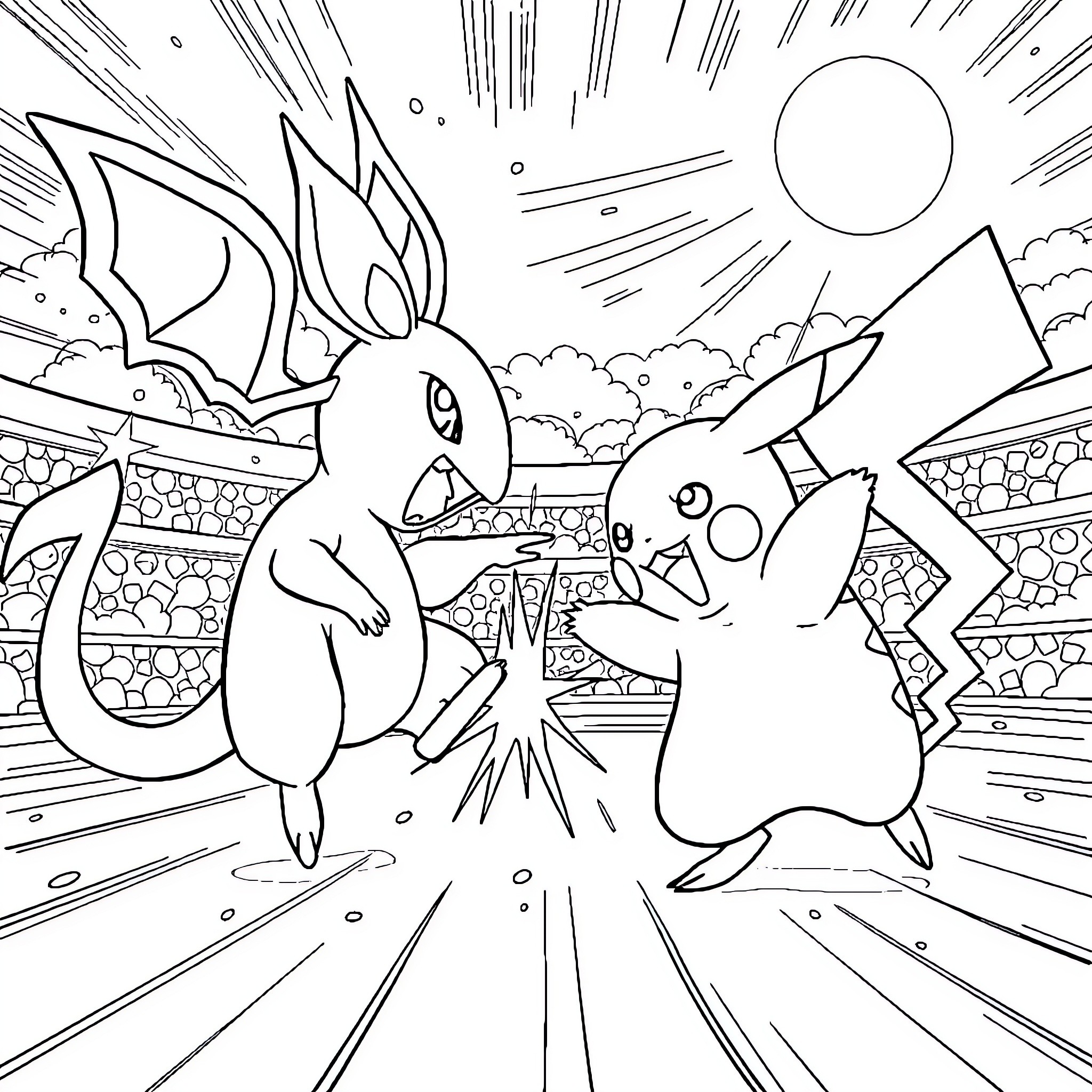 Pikachu and Mudkip in a Lively Battle Coloring Page (free black-and-white line drawing printable PDF for all, from beginners to advanced learners, including children, teens, adults, and seniors)