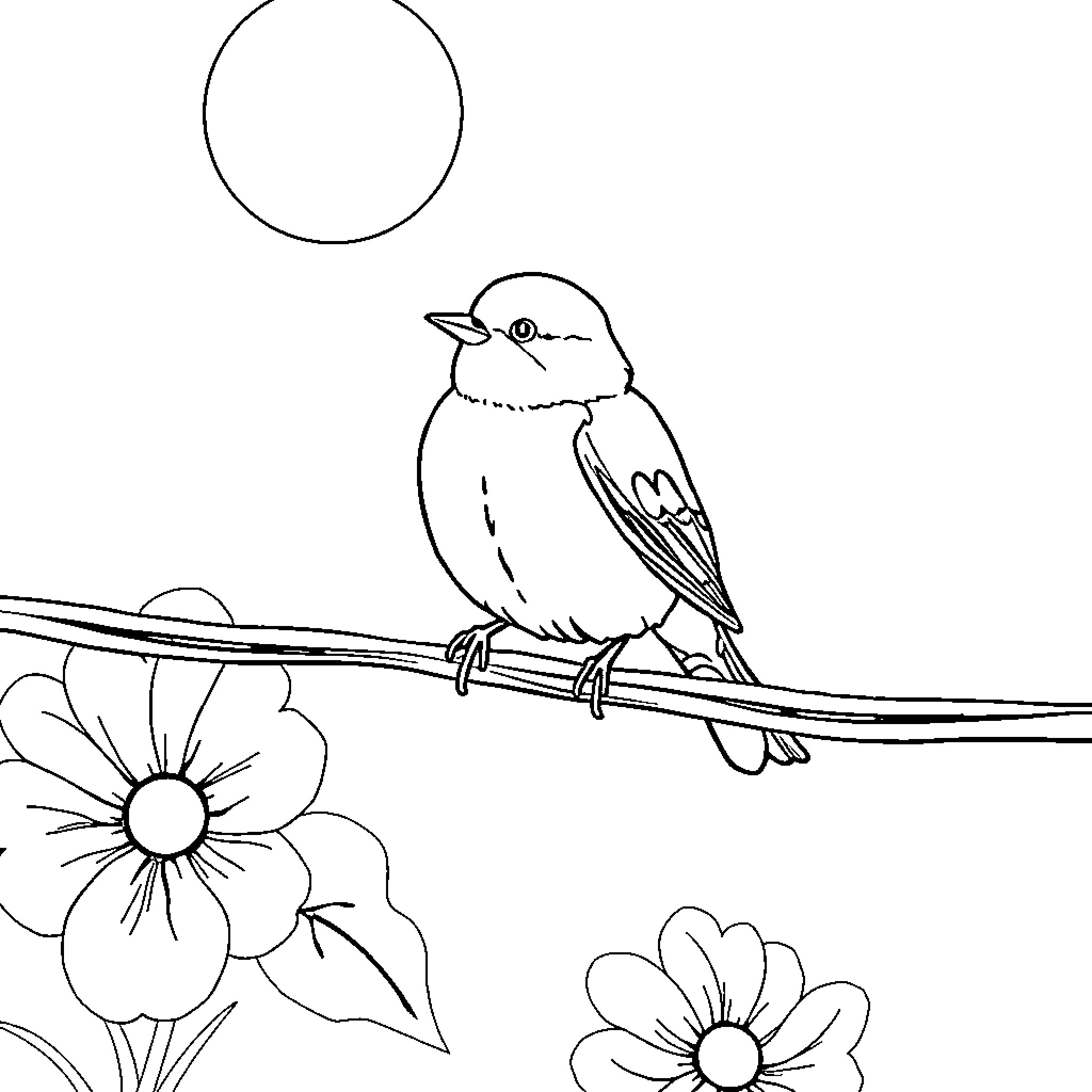 Bird perched on branch with flowers Coloring Page (free black-and-white line drawing printable PDF for all, from beginners to advanced learners, including children, teens, adults, and seniors)