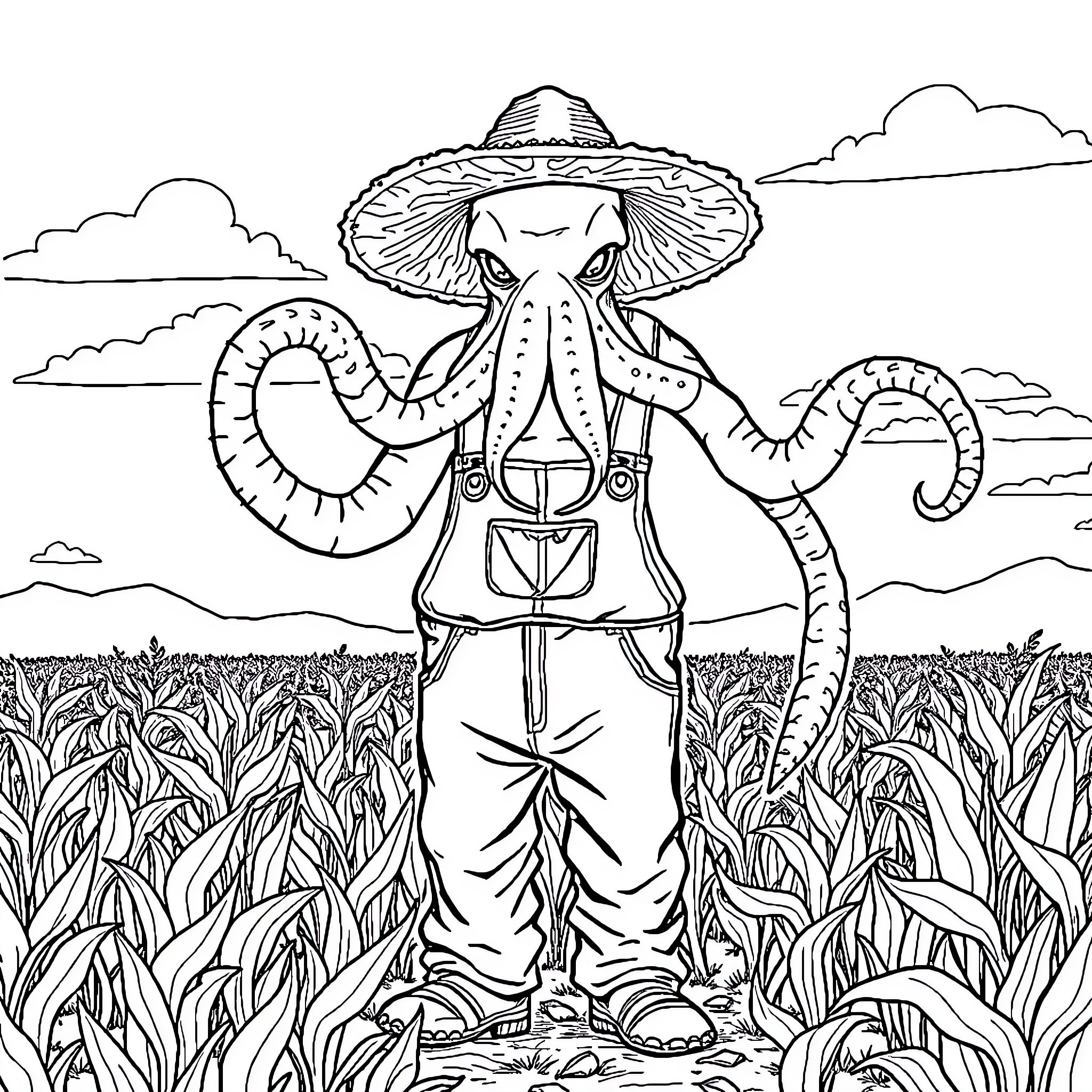 Cthulu Farmer Tending to Crops in the Field Coloring Page (free black-and-white line drawing printable PDF for all, from beginners to advanced learners, including children, teens, adults, and seniors)