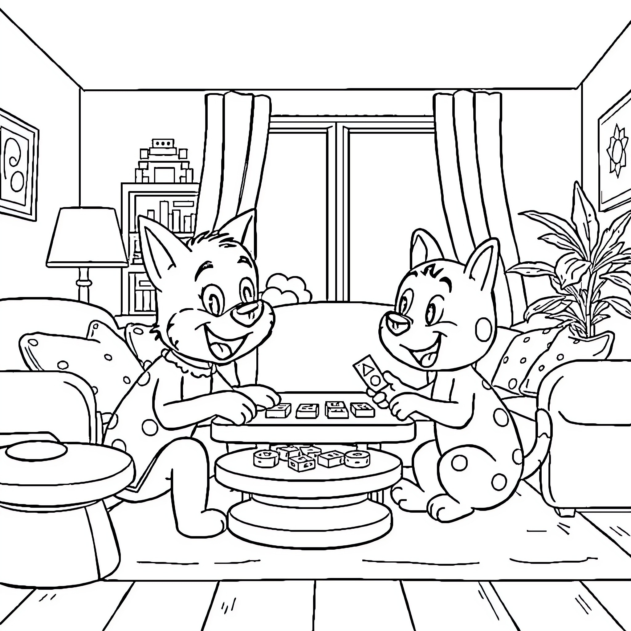 Bluey's cozy indoor game time with friends Coloring Page (free black-and-white line drawing printable PDF for all, from beginners to advanced learners, including children, teens, adults, and seniors)