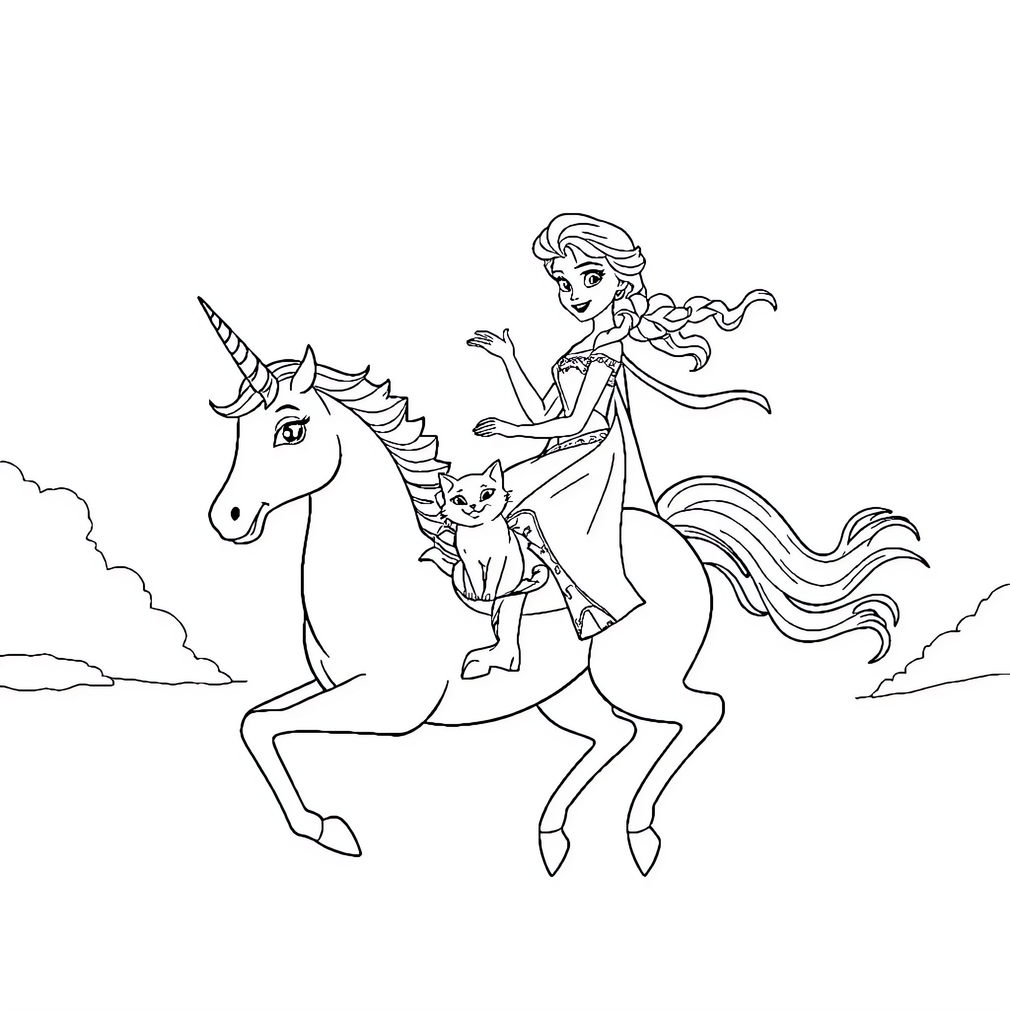 Elsa riding a unicorn with her pet cat Coloring Page (free black-and-white line drawing printable PDF for all, from beginners to advanced learners, including children, teens, adults, and seniors)