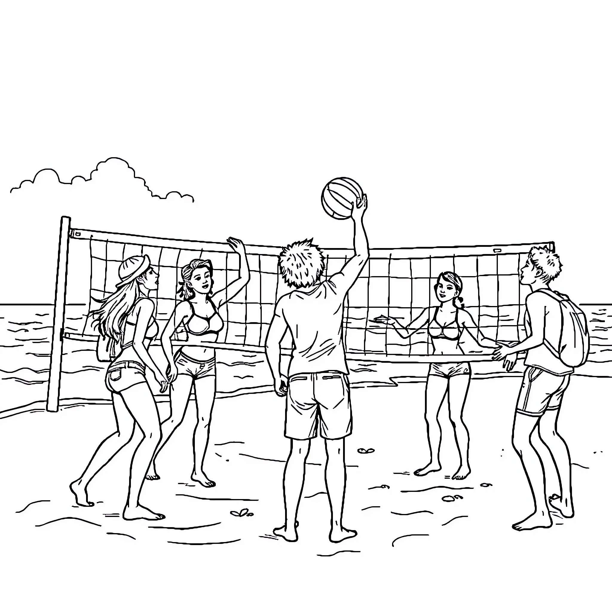 Volleyball players enjoying beach game Coloring Page (free black-and-white line drawing printable PDF for all, from beginners to advanced learners, including children, teens, adults, and seniors)