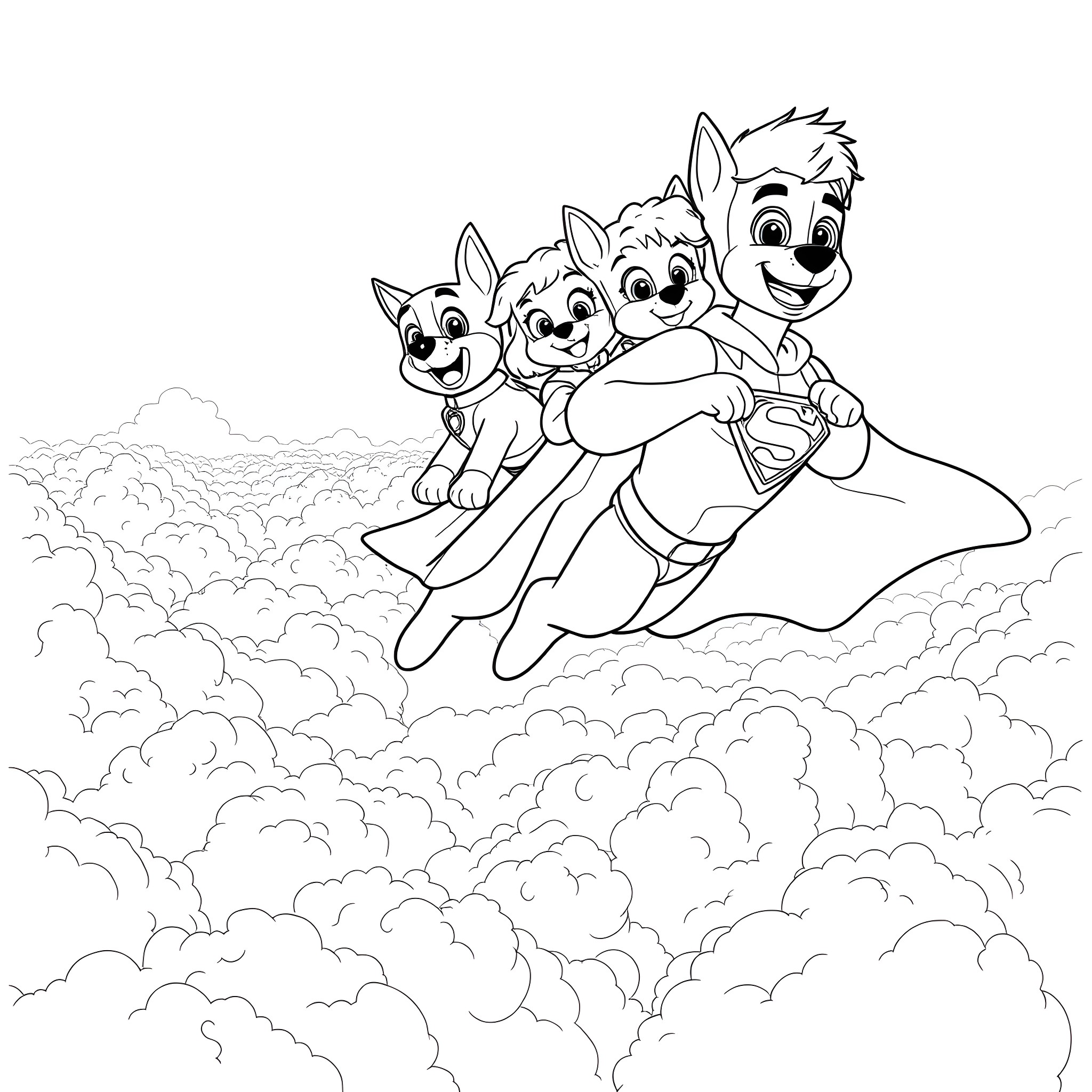 Superman playing with cheerful cartoon animals in the clouds Coloring Page (free black-and-white line drawing printable PDF for all, from beginners to advanced learners, including children, teens, adults, and seniors)