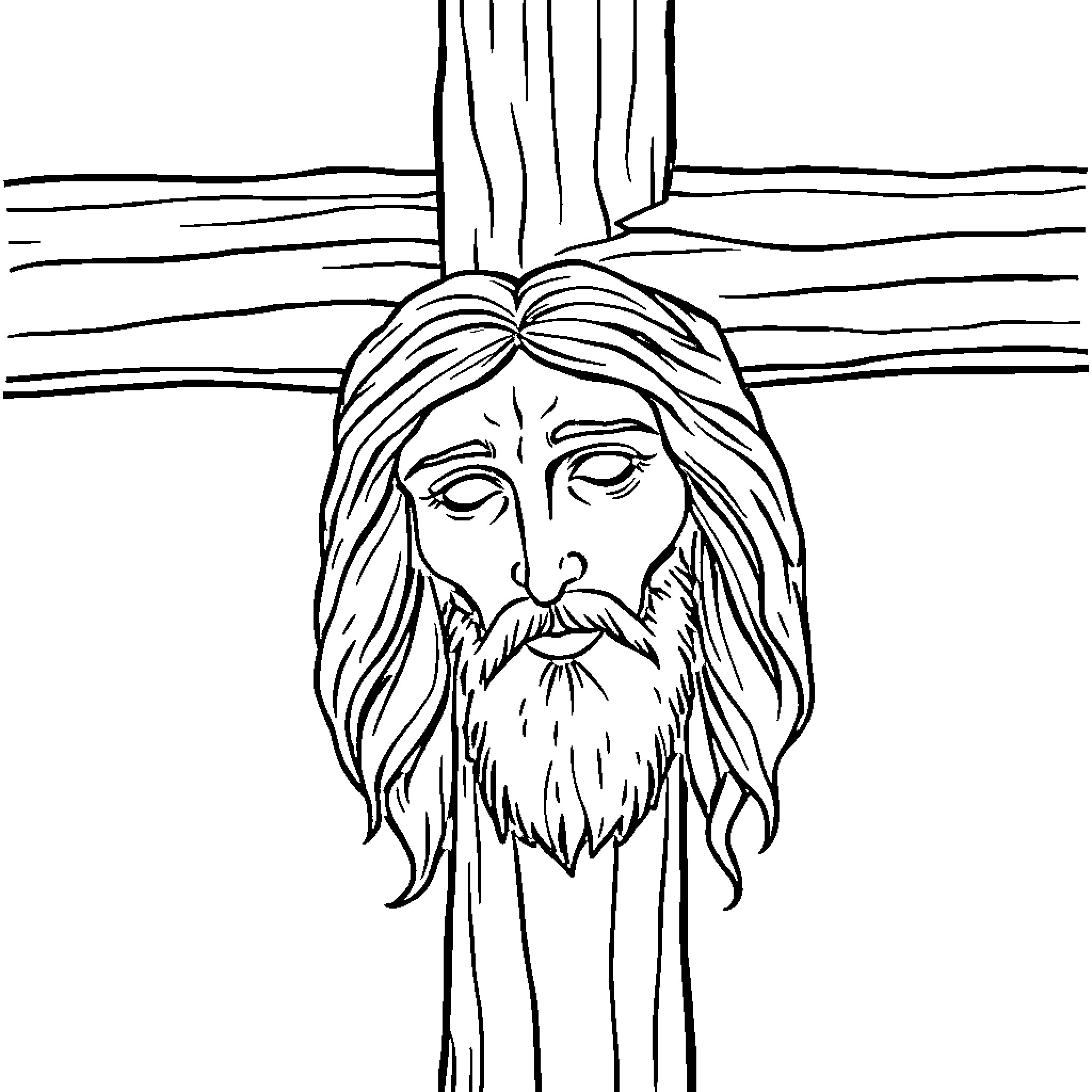 Jesus in contemplation before the cross Coloring Page (free black-and-white line drawing printable PDF for all, from beginners to advanced learners, including children, teens, adults, and seniors)