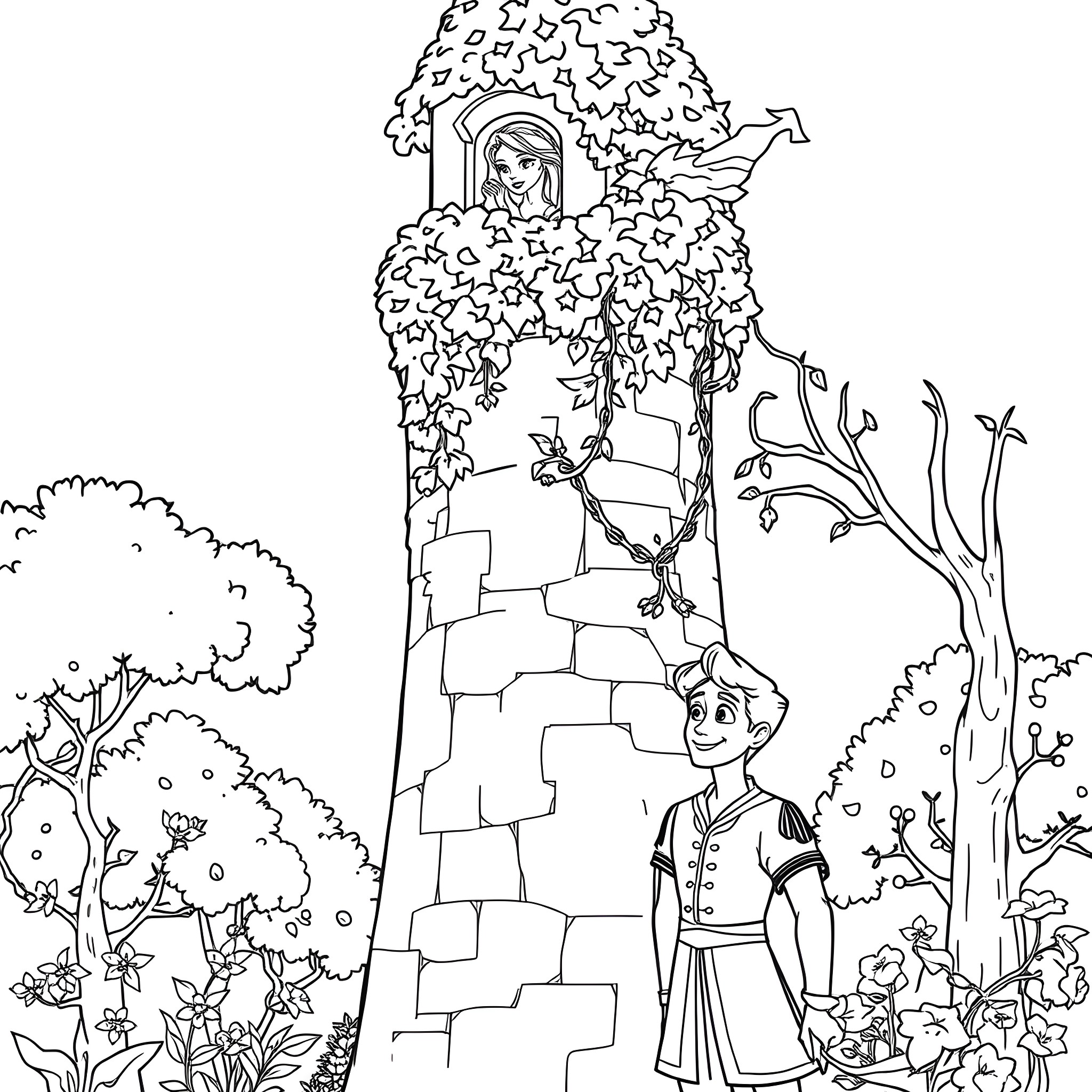 Rapunzel's magical tower surrounded by lush greenery Coloring Page (free black-and-white line drawing printable PDF for all, from beginners to advanced learners, including children, teens, adults, and seniors)