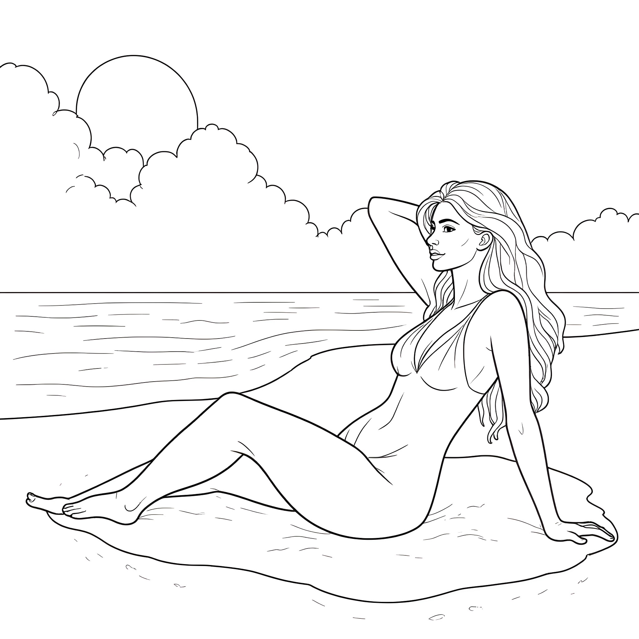 Boudicca - Warrior Queen Enjoying Peaceful Respite by the Sea Coloring Page (free black-and-white line drawing printable PDF for all, from beginners to advanced learners, including children, teens, adults, and seniors)