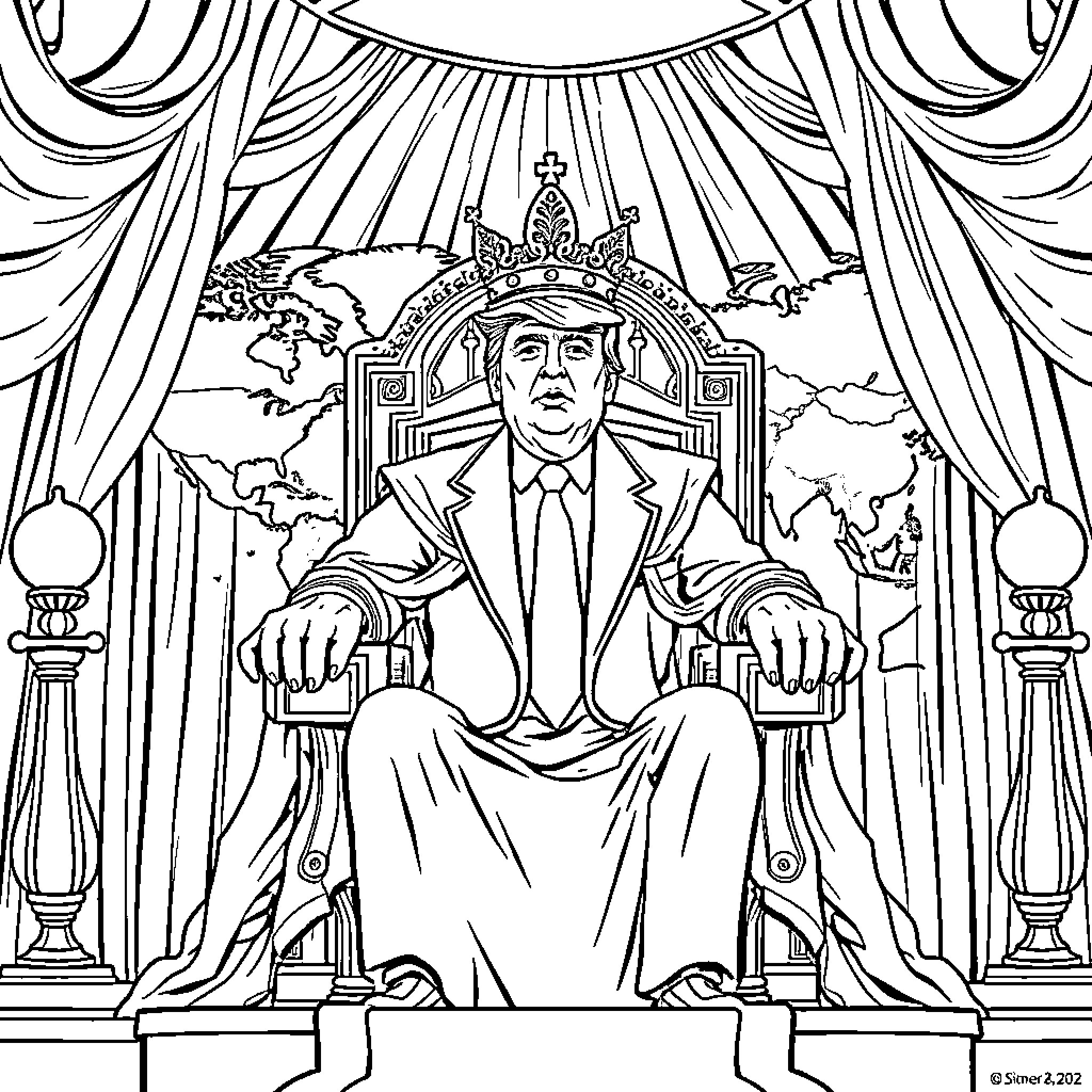 Trump's Theatrical Grandeur on Display Coloring Page (free black-and-white line drawing printable PDF for all, from beginners to advanced learners, including children, teens, adults, and seniors)