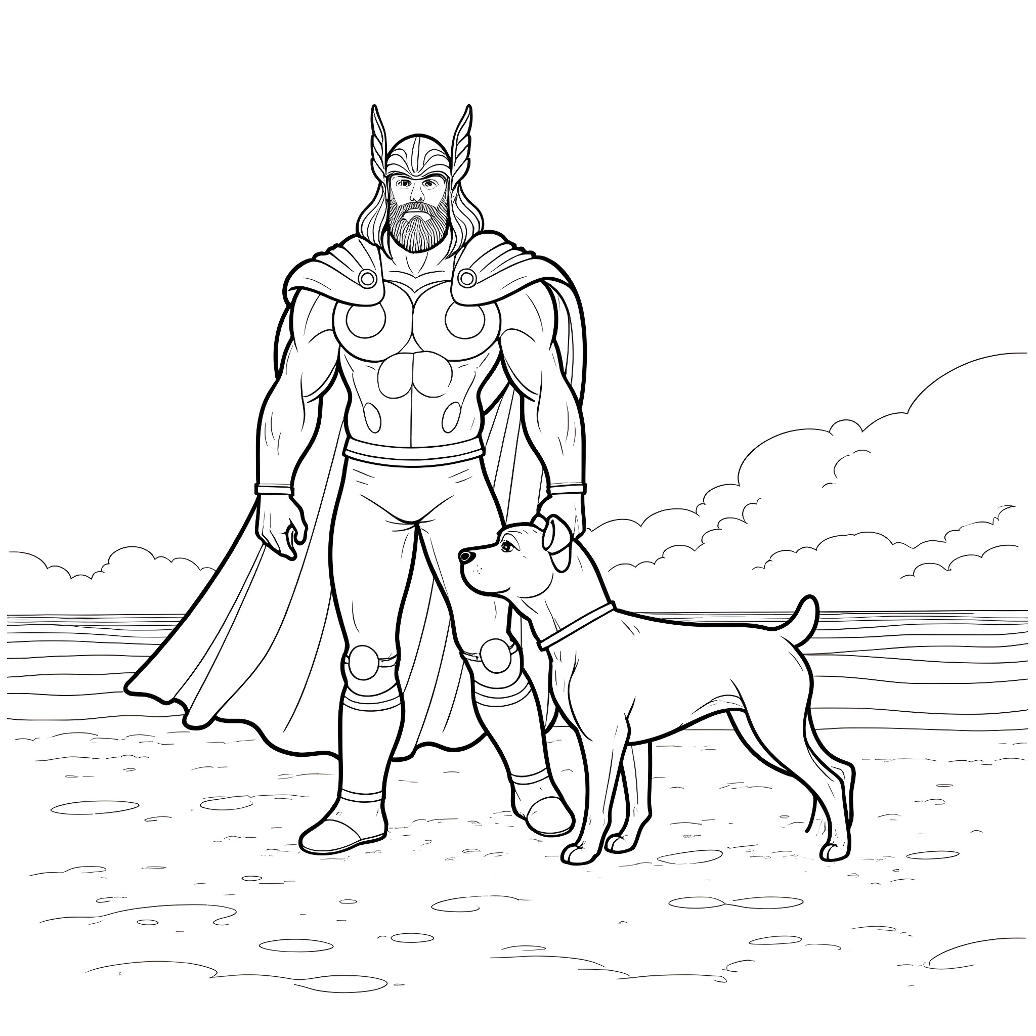 Thor standing heroically with his loyal canine companion Coloring Page (free black-and-white line drawing printable PDF for all, from beginners to advanced learners, including children, teens, adults, and seniors)