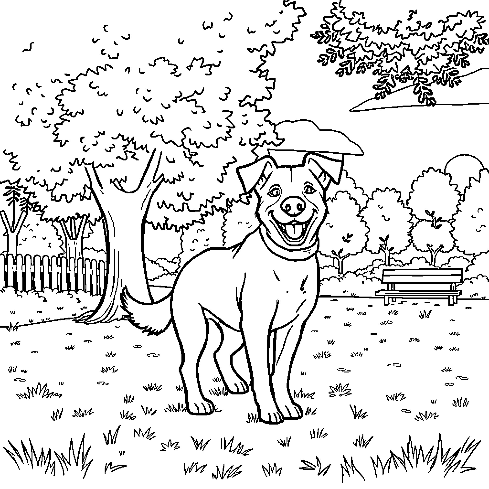 Dog smiling happily in a beautiful outdoor scene Coloring Page (free black-and-white line drawing printable PDF for all, from beginners to advanced learners, including children, teens, adults, and seniors)