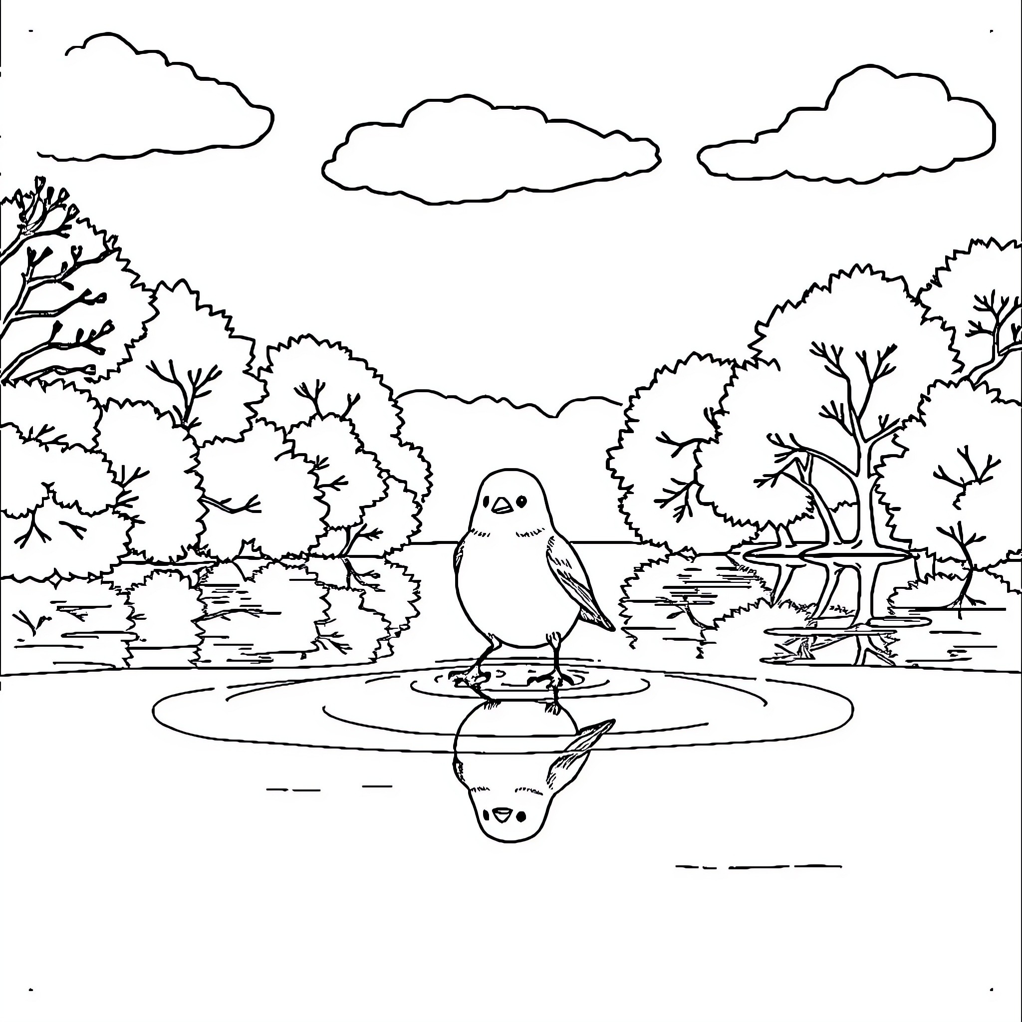 Chick enjoying a peaceful moment by the pond Coloring Page (free black-and-white line drawing printable PDF for all, from beginners to advanced learners, including children, teens, adults, and seniors)