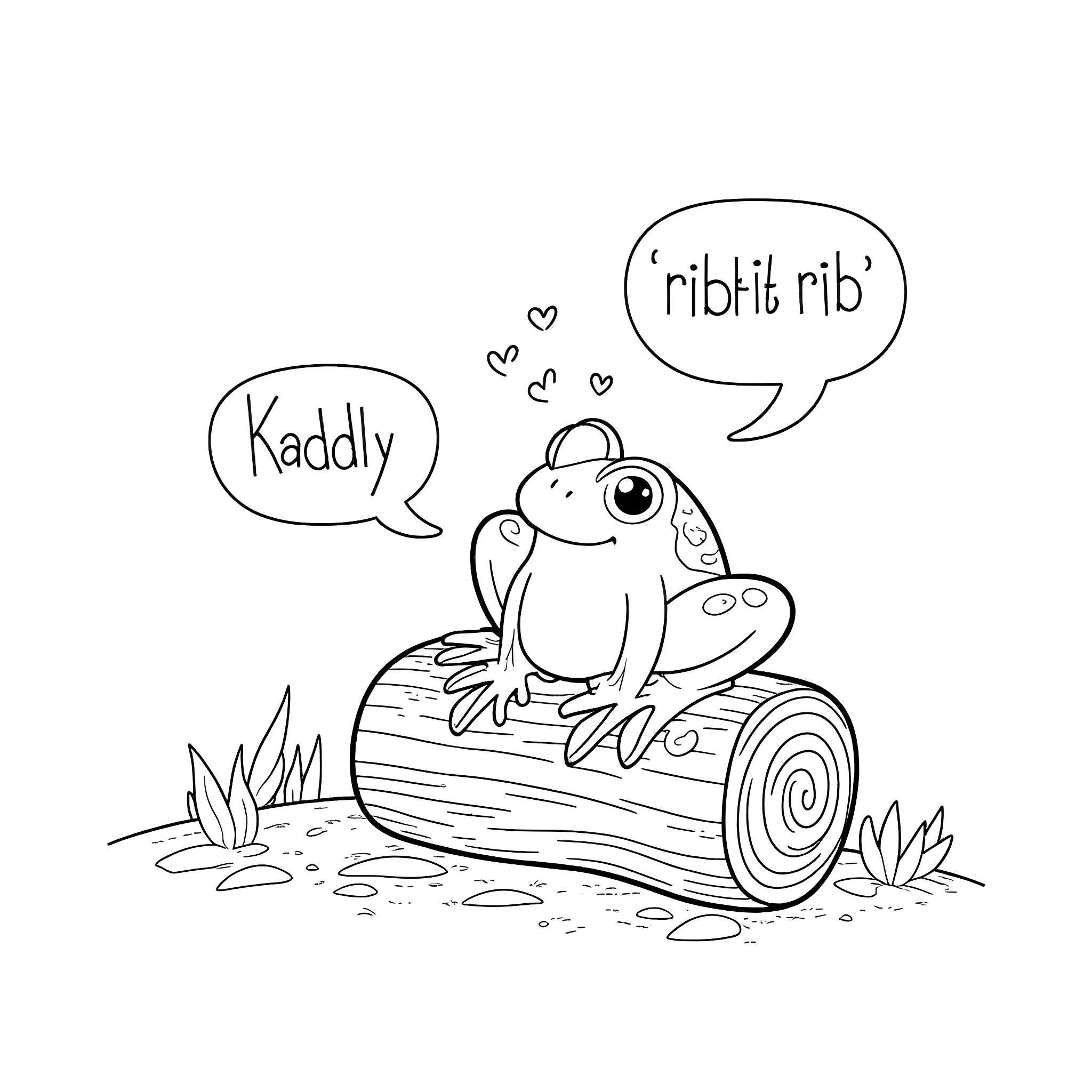 Frog happily chatting on a log Coloring Page (free black-and-white line drawing printable PDF for all, from beginners to advanced learners, including children, teens, adults, and seniors)