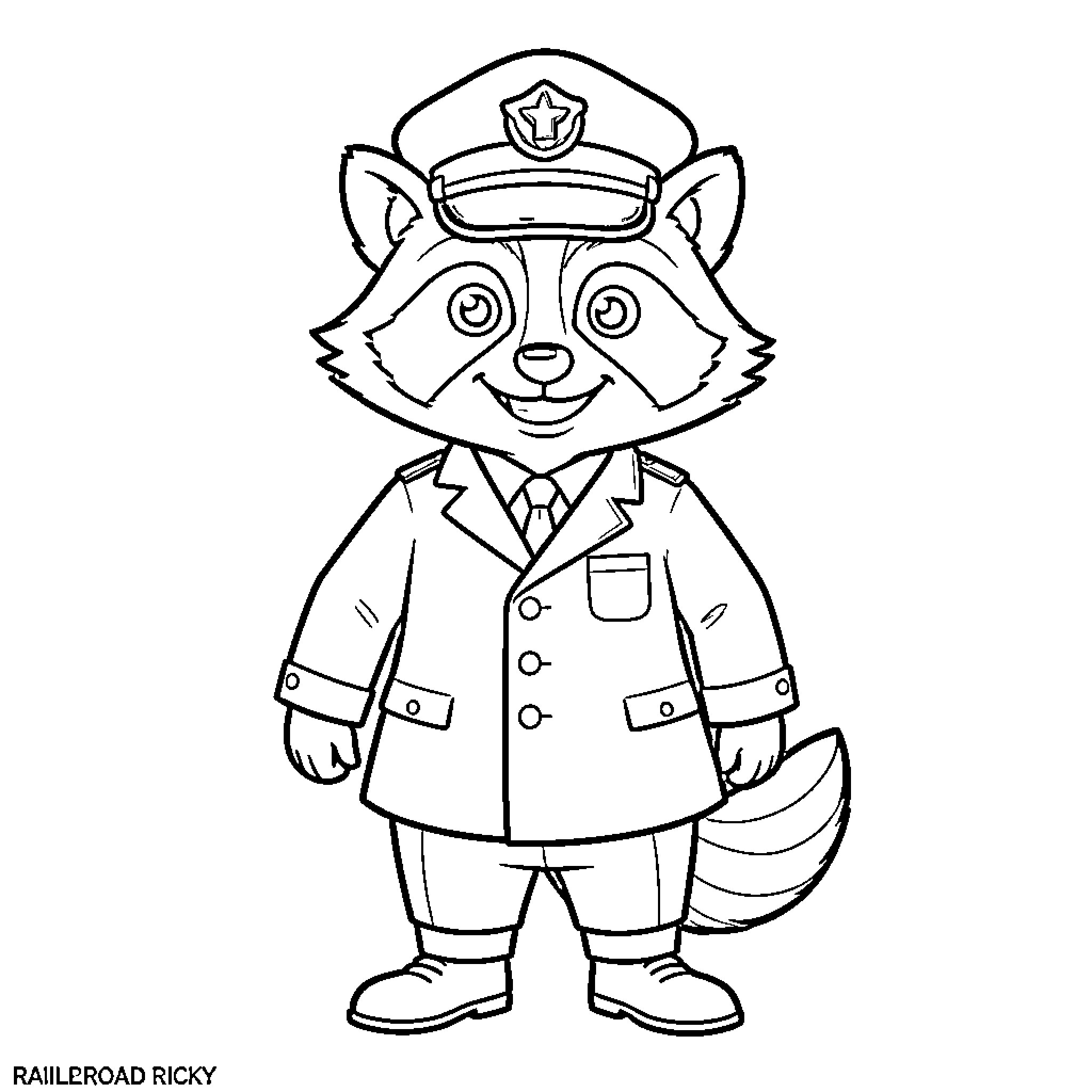 Raccoon standing proudly in a railroad conductor uniform Coloring Page (free black-and-white line drawing printable PDF for all, from beginners to advanced learners, including children, teens, adults, and seniors)