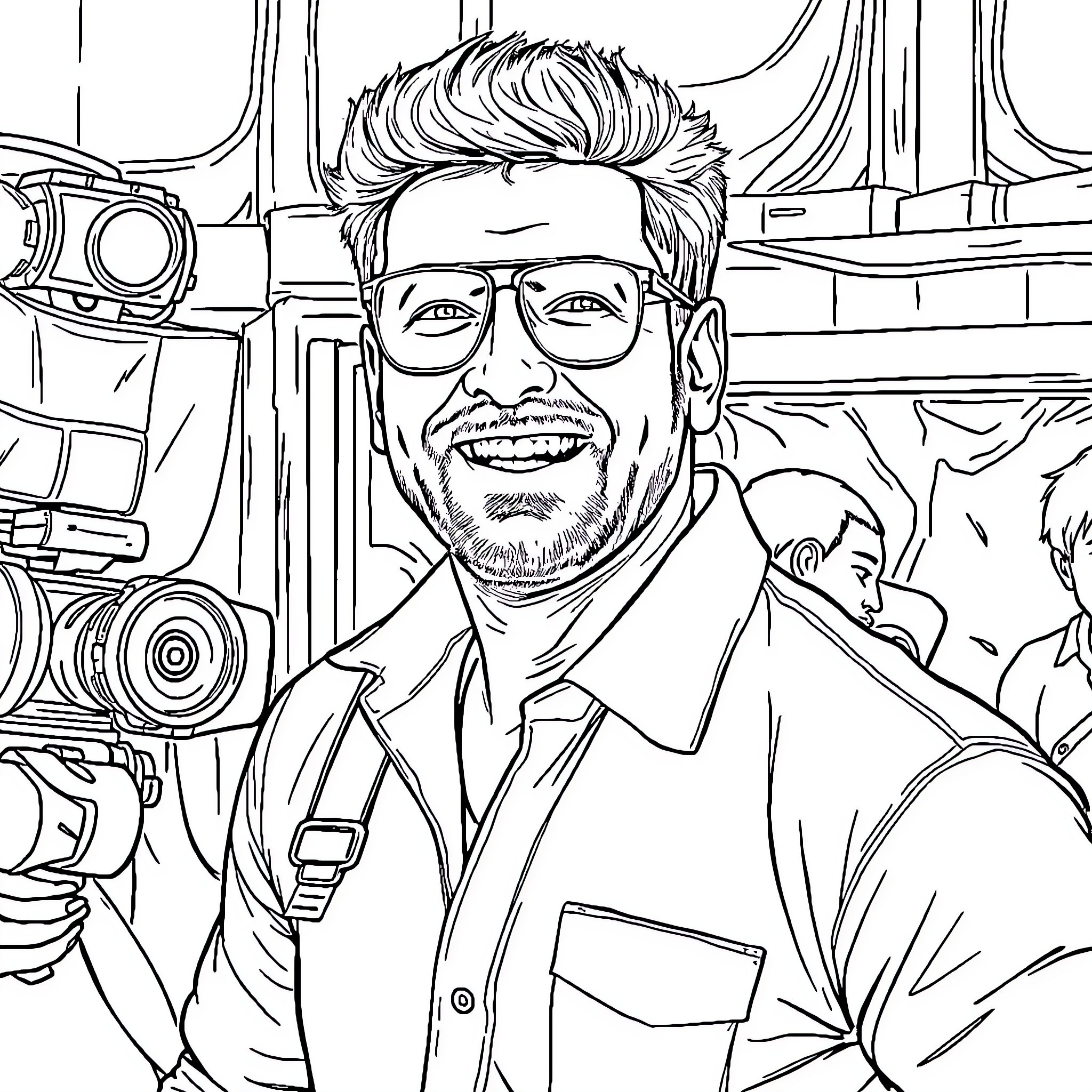 Akshay Kumar's adventurous expression in an action-packed scene Coloring Page (free black-and-white line drawing printable PDF for all, from beginners to advanced learners, including children, teens, adults, and seniors)