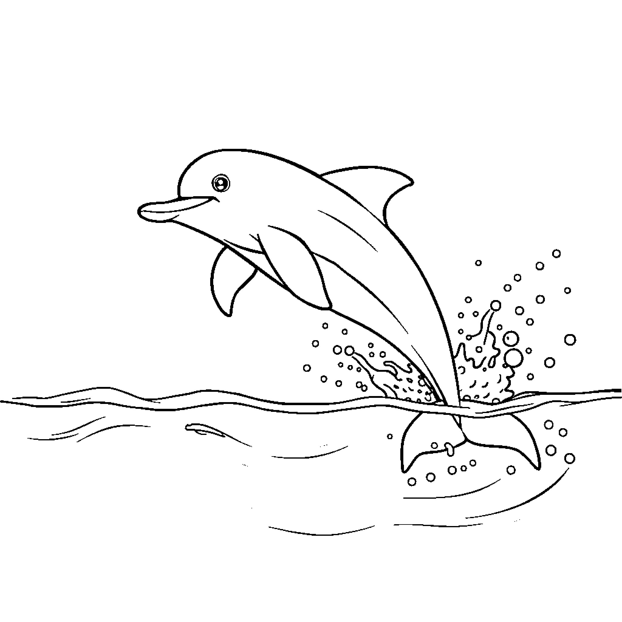 Dolphin joyfully jumping in the ocean Coloring Page (free black-and-white line drawing printable PDF for all, from beginners to advanced learners, including children, teens, adults, and seniors)