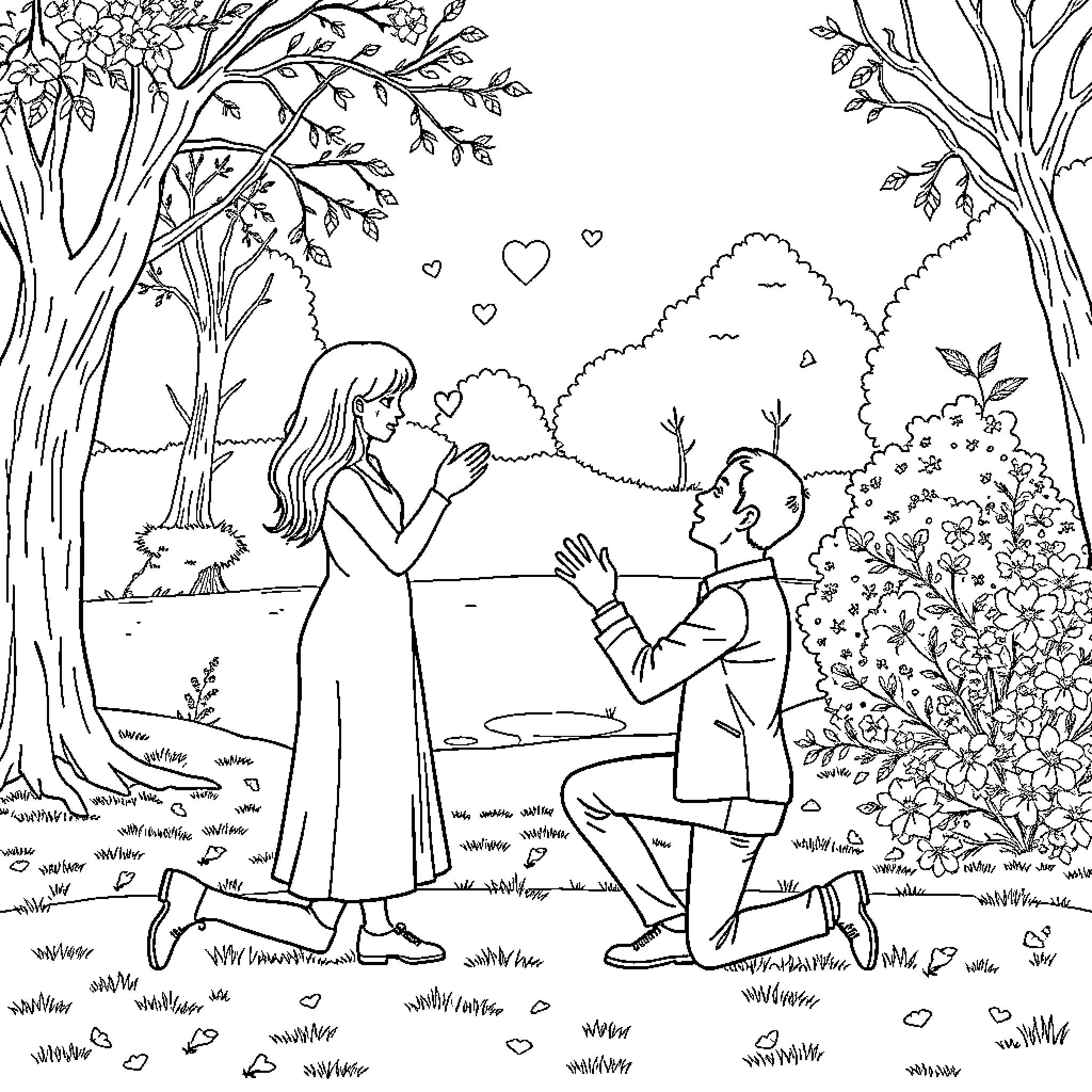 Proposal in a Whimsical Forest Setting Coloring Page (free black-and-white line drawing printable PDF for all, from beginners to advanced learners, including children, teens, adults, and seniors)