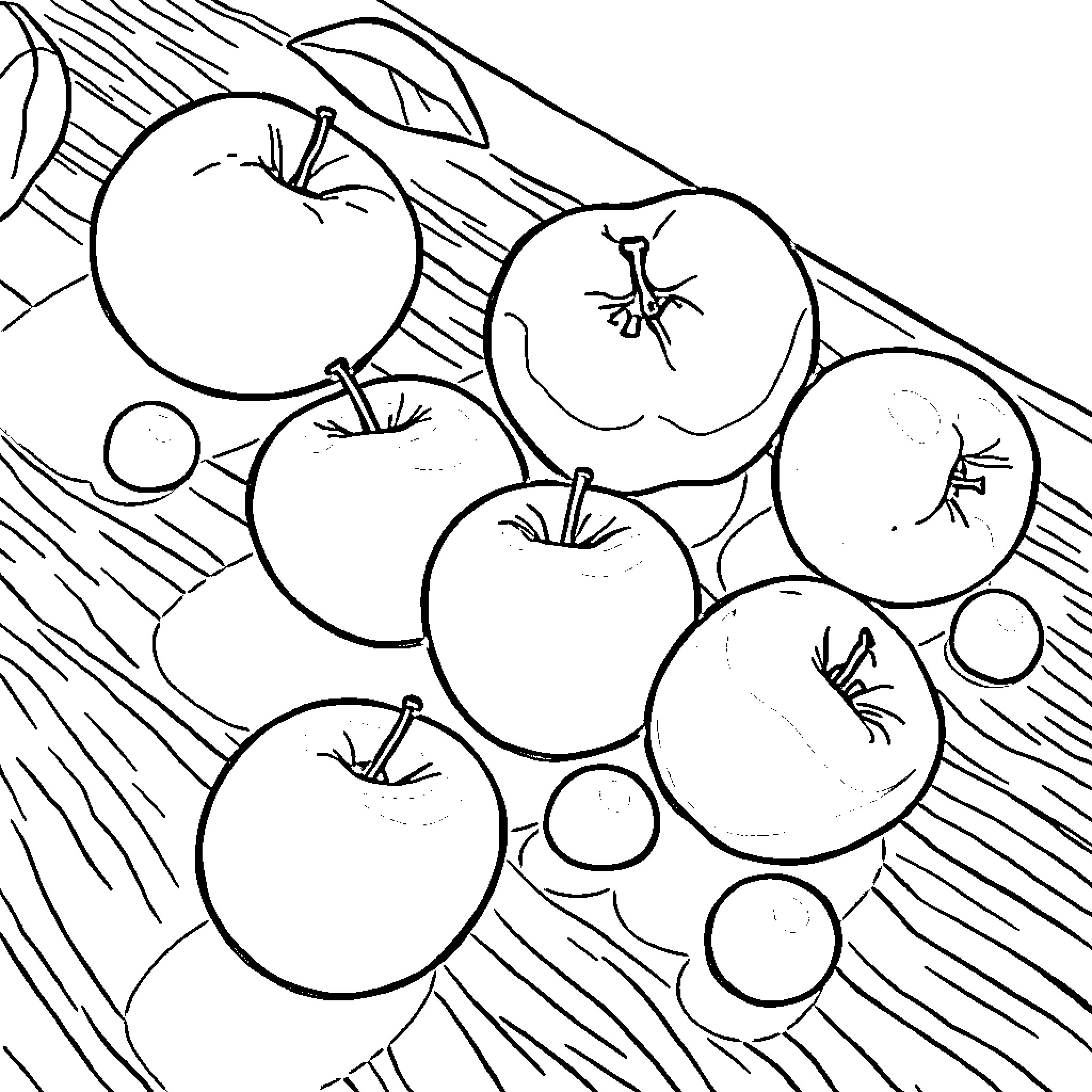 Apple slices arranged on wooden surface Coloring Page (free black-and-white line drawing printable PDF for all, from beginners to advanced learners, including children, teens, adults, and seniors)