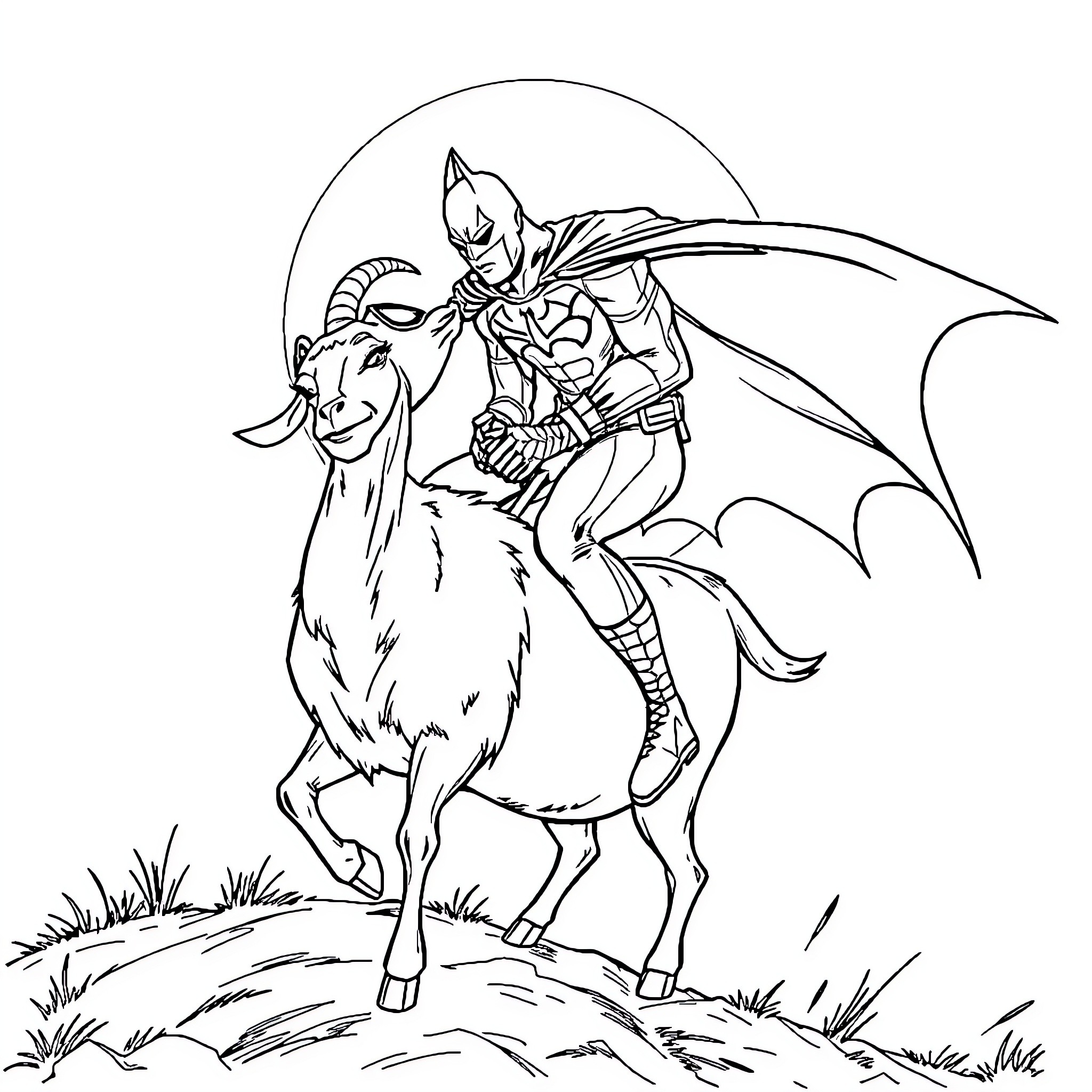 Batman riding a majestic creature in an outdoor setting Coloring Page (free black-and-white line drawing printable PDF for all, from beginners to advanced learners, including children, teens, adults, and seniors)