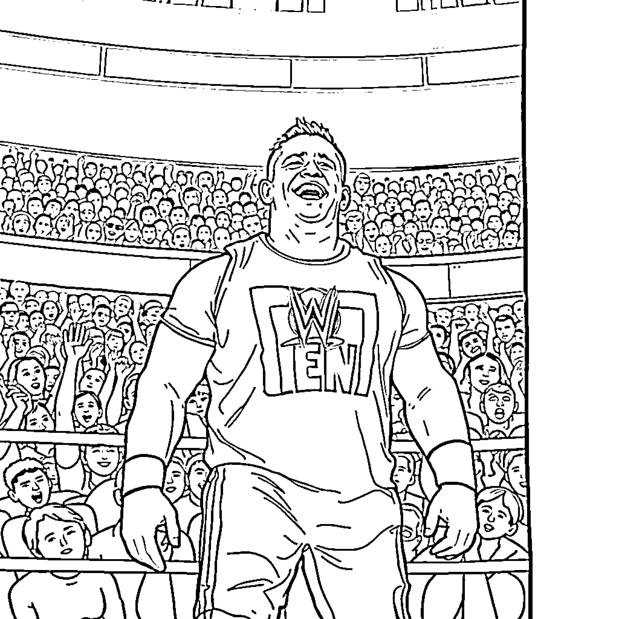 John Cena Performing Energetic Moves in a Packed Arena Coloring Page (free black-and-white line drawing printable PDF for all, from beginners to advanced learners, including children, teens, adults, and seniors)