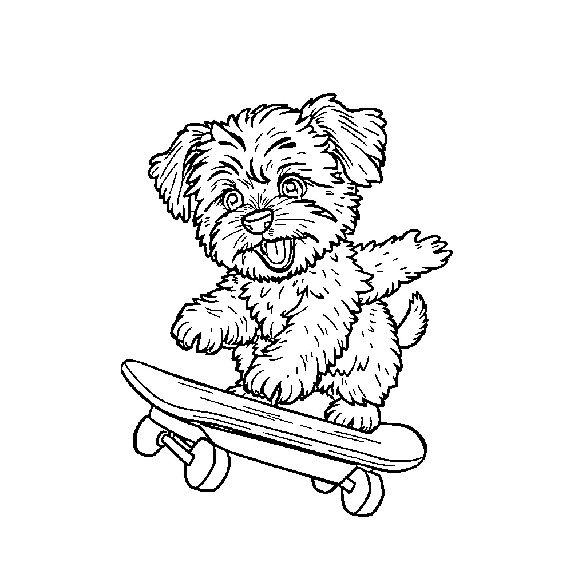 Cavapoo puppy riding a skateboard Coloring Page (free black-and-white line drawing printable PDF for all, from beginners to advanced learners, including children, teens, adults, and seniors)