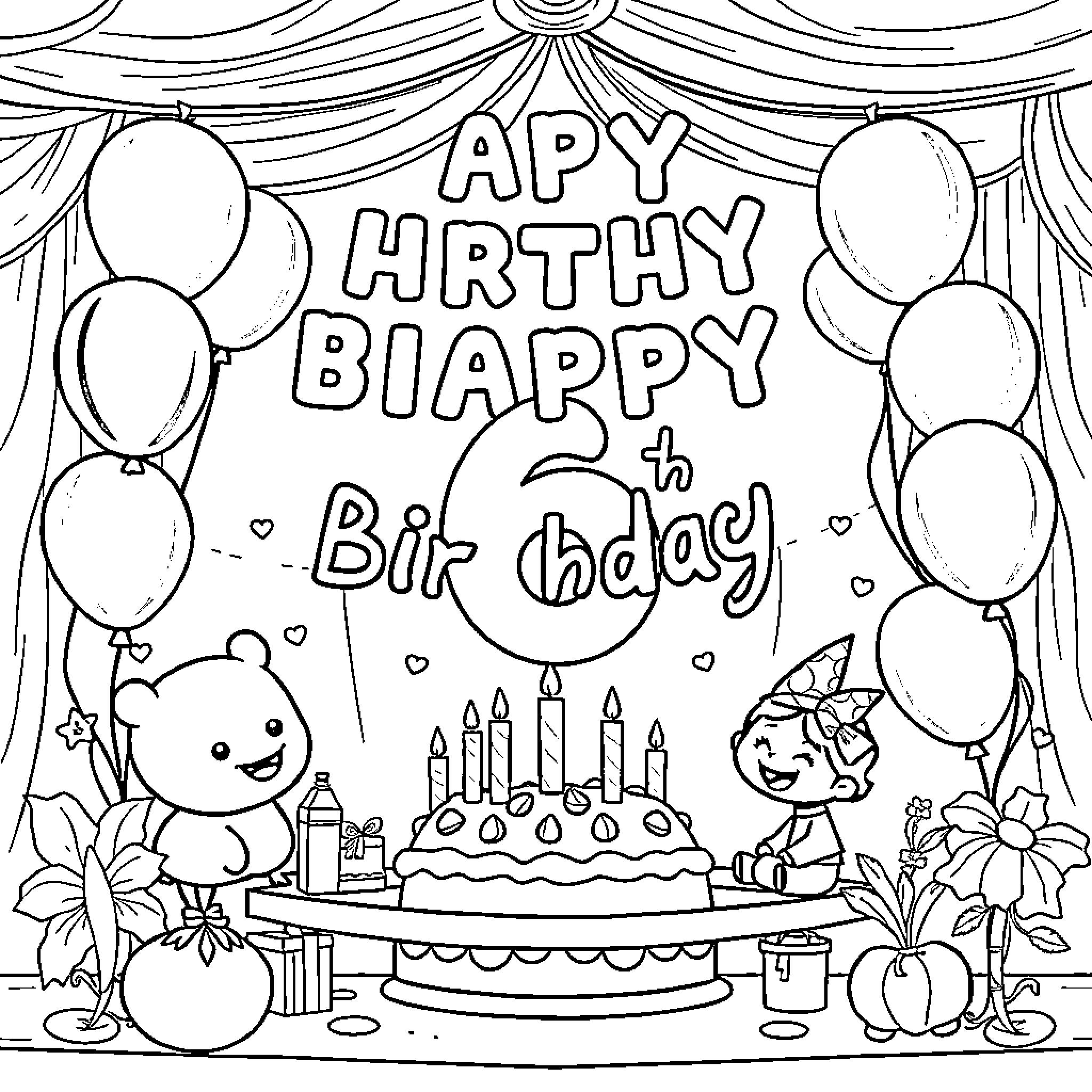 Birthday Celebration with Balloons and Cake Coloring Page (free black-and-white line drawing printable PDF for all, from beginners to advanced learners, including children, teens, adults, and seniors)